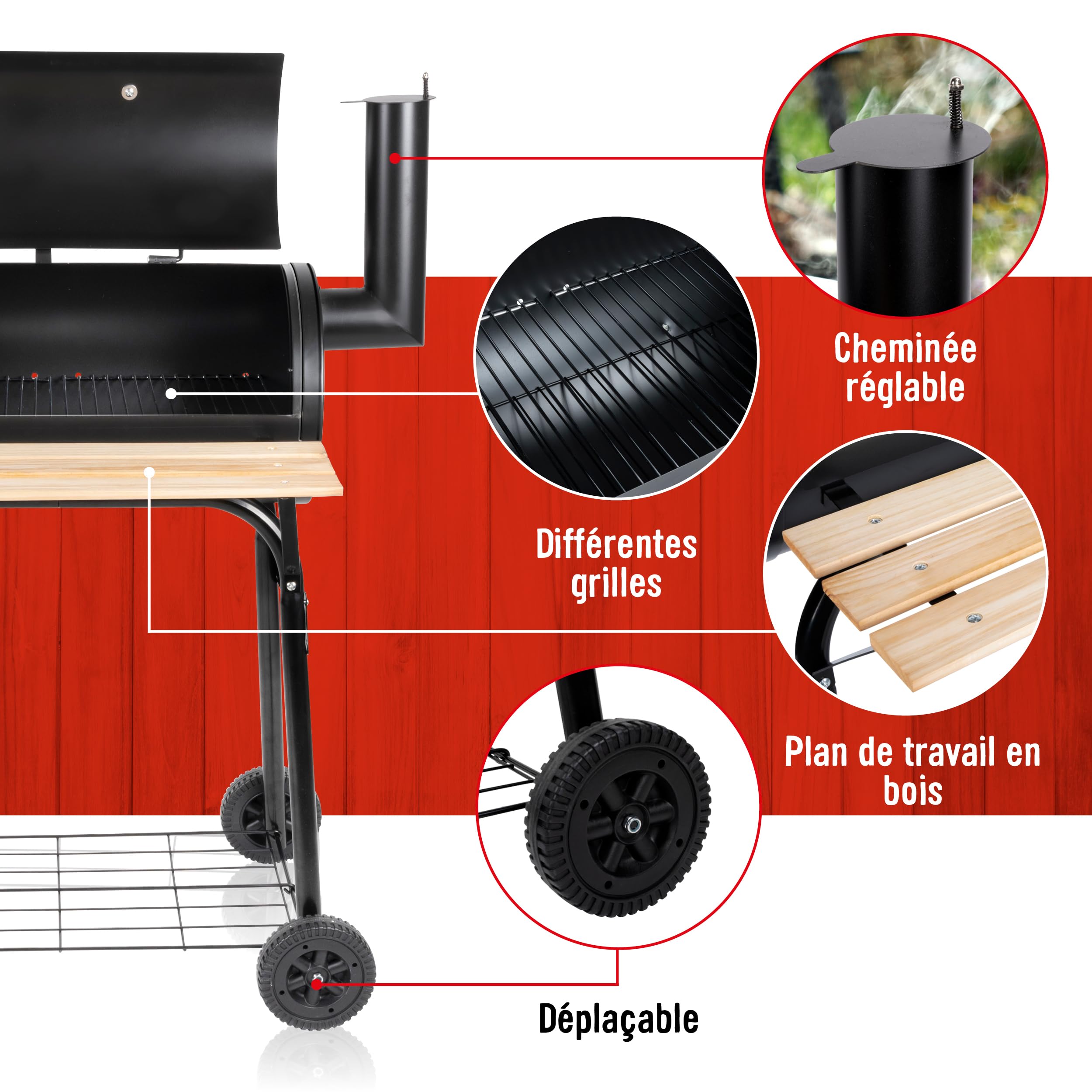 BBQ Collection Fumoir Barbecue - BBQ - Barbecue Charbon de Bois Grande Taille - Cheminée Réglable - 104 x 58 x 114 cm