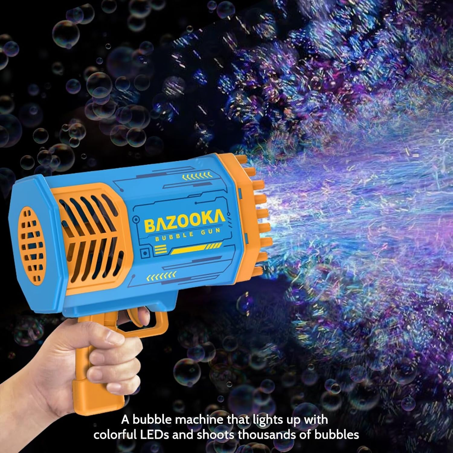 Bubble Gun Bazooka Machine with Solution - 69 Holes Blaster for Outdoor Summer Toy, Party Favors - Blue Easter Bubble Maker Blowers for Kids