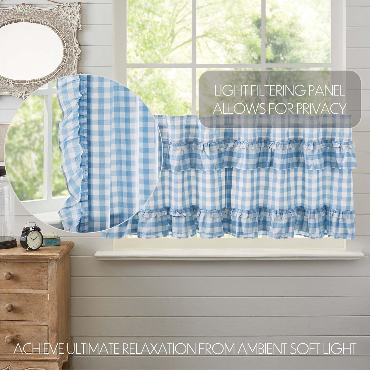VHC Brands Annie Buffalo Check 4 PC Dusk Blue Ruffled Curtain Set (2 Swag 36x16 and 2 Tier 24x36)