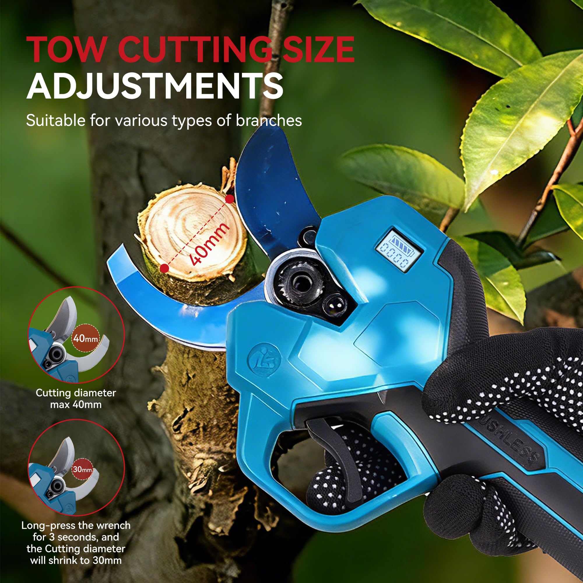 ONEVAN Sécateur Électrique sans Fil 40mm, Cisaille de Jardin, Brushless Taille haie avec 2×1,5Ah Batteries, Lames SK5 & Écran LCD, Outil de Jardinage pour Coupe de Branches, Élagage des Arbres