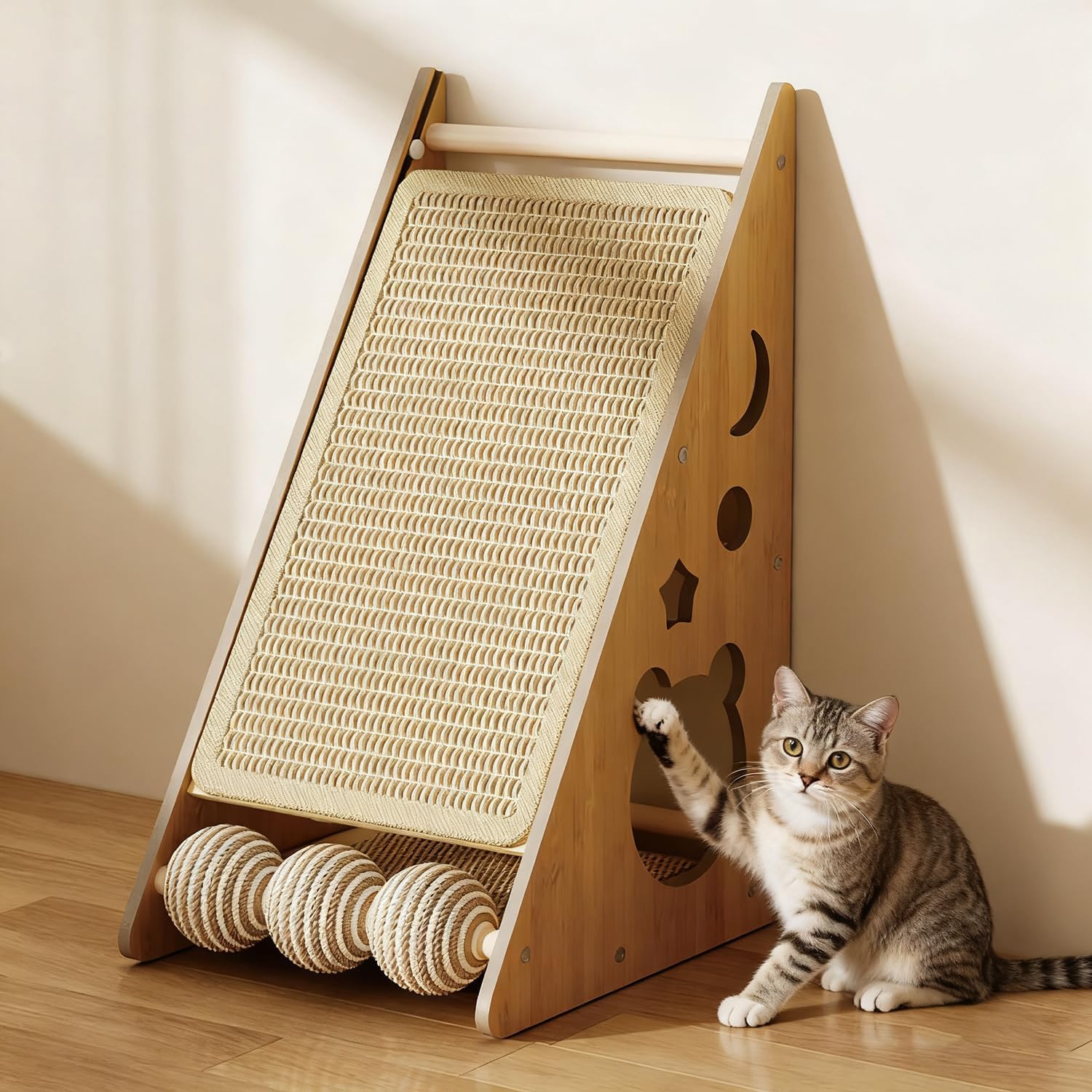​Cat Scratcher with Nest - Non-Shedding Vertical Cat Scratching Post, Cat Board Scratcher with 3 Sisal Balls for Indoor Cats, Reliable Wall Mounting