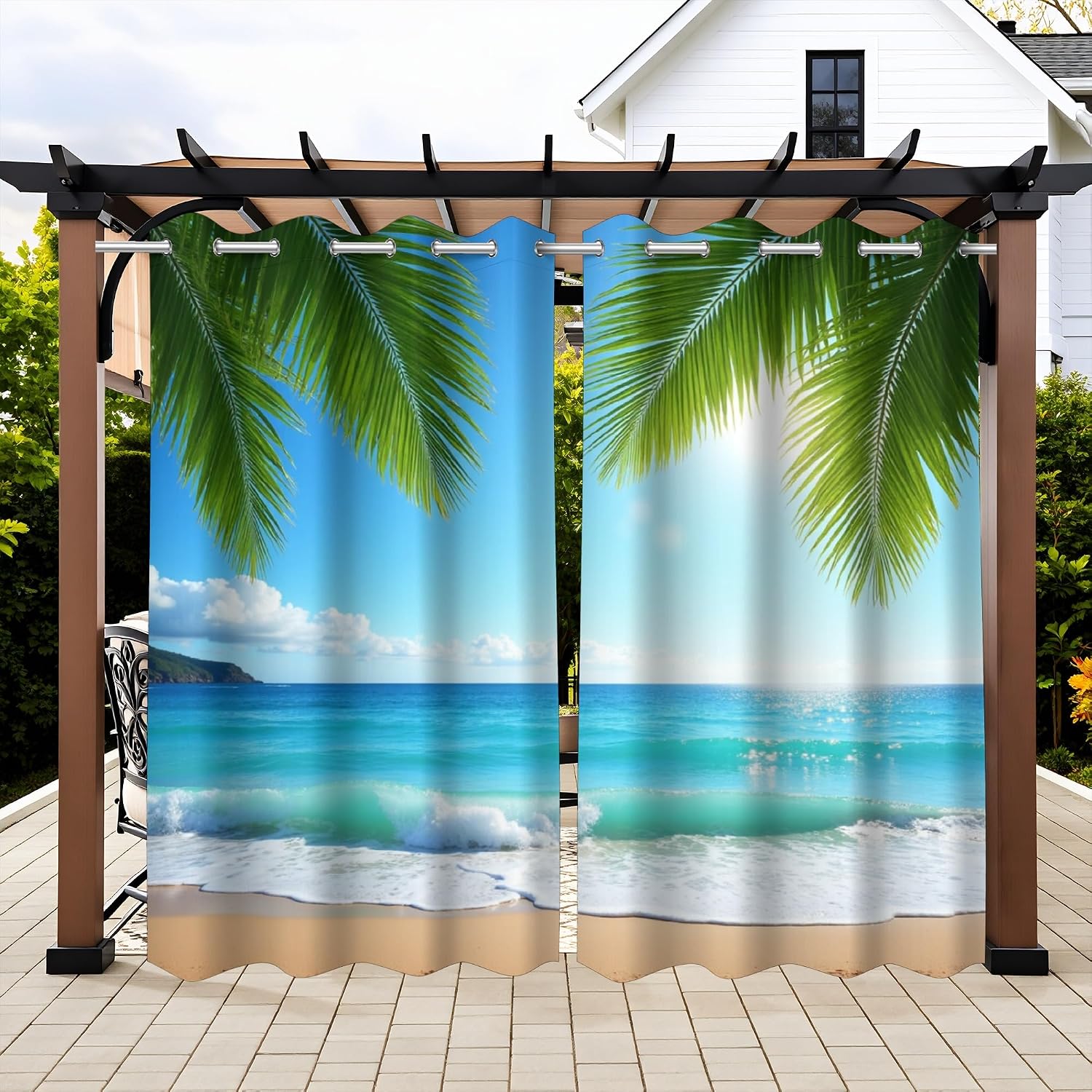 Beach Theme Waterproof Outdoor Curtains for Patio,Coconut Trees Print,UV and Fade Resistant Outside Curtains for Gazebo,Front Porch,Pergola,2 Panels,54 x 96 inch,Blue Green