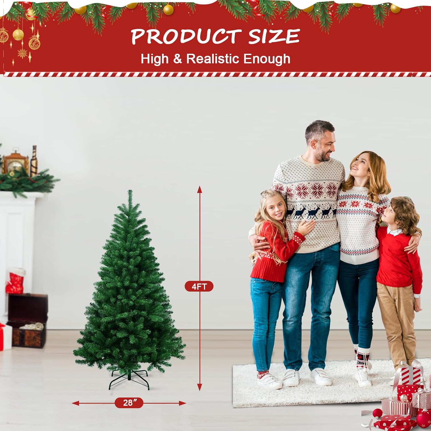 4ft Artificial Christmas Tree, Premium Hinged Spruce Christmas Trees Easy Assembly with Metal Foldable Stand, Fluffy Holiday Xmas Tree for Home Party Decoration