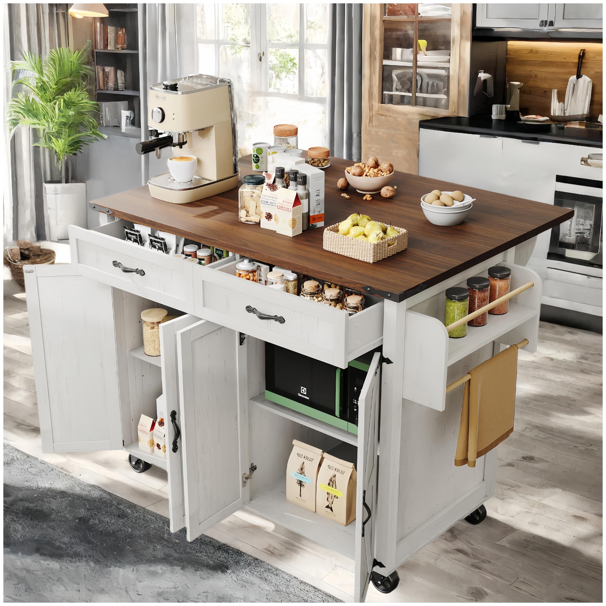 Carrello Cucina Multiuso Con Ruote - Isola Mobile Bianco, Ante E Cassetti, Piano Allungabile 120x45x90cm - Foto 3