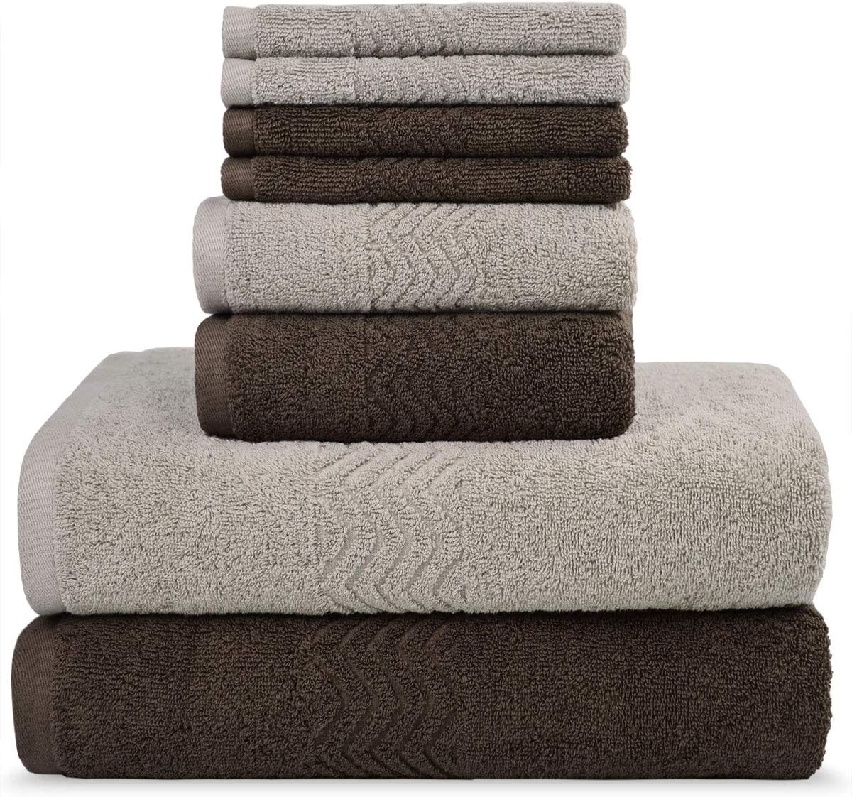 Cleanbear Extra Soft 8 Piece Bath Towel Set of Assorted Colors, 2 Shower Towels, 2 Hand Towels and 4 Wash Cloths (Khaki & Brown)