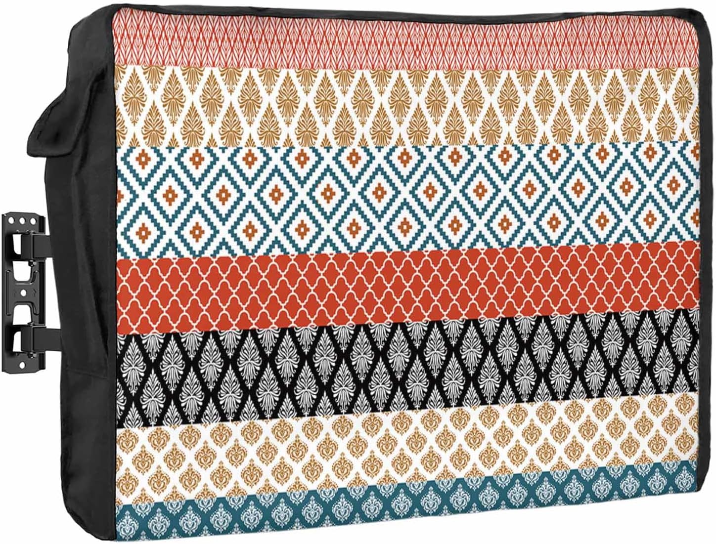 Outdoor TV Cover 43 Inch Boho TV Enclosure Bohemian Geometric Stripes Blue Green TV Covers for Outside TV Display Screen Protector with Remote Control Pocket Home Decor