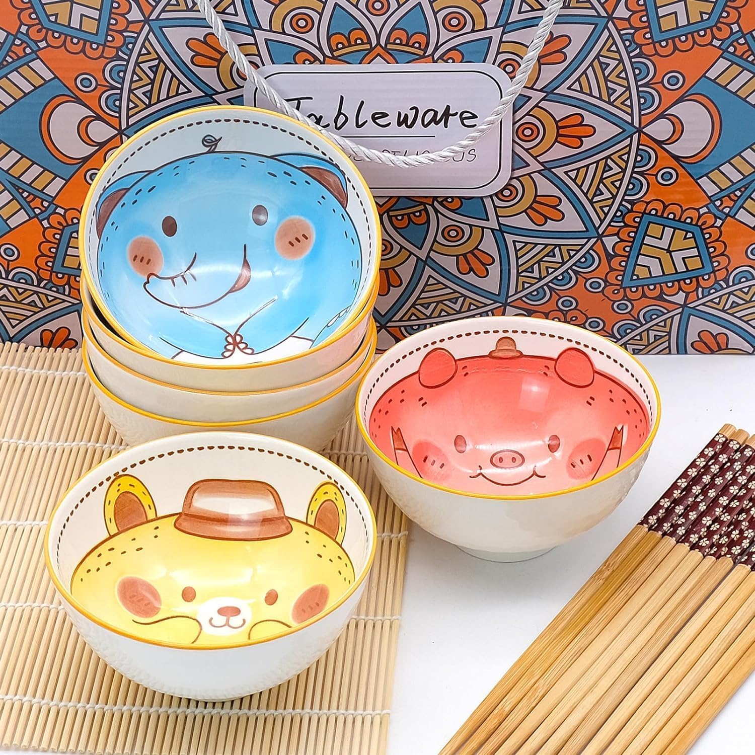 6 PCS Ceramic Rice Bowls, Cute Cartoon Small Dessert Bowl, Cereal Bowls Serving Bowl Gift Set, for Oatmeal, Ice Cream, Salads, Soups