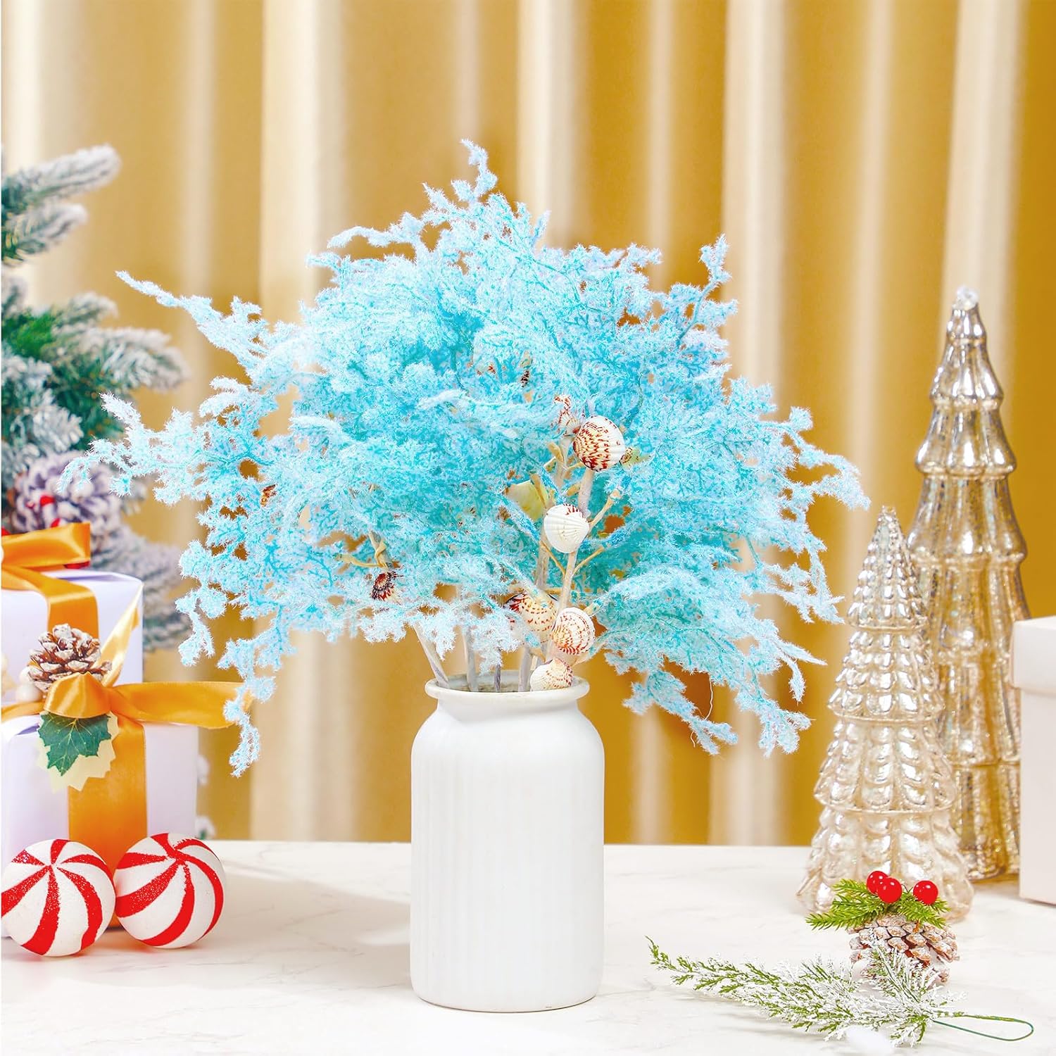 6 Pcs Blue Coastal Christmas Tree Pick Ornament, Christmas Ocean Coral Ornaments Tree Topper Xmas Decorations for Beach Wreaths and Display Vase Fillers