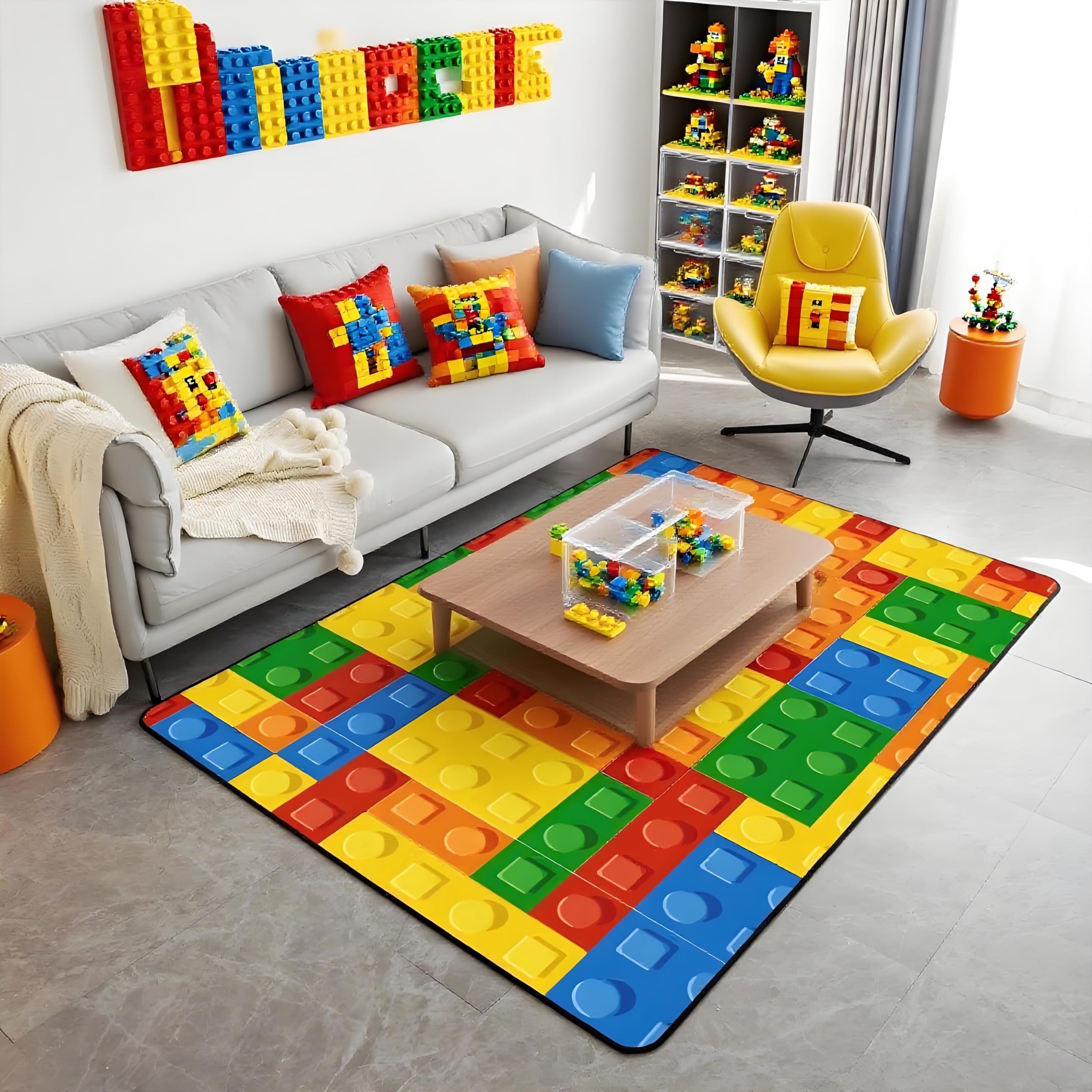 Tappeto con blocchi di costruzione, tappeto per bambini, ragazzi e ragazze, motivo geometrico colorato, per soggiorno, camera da letto, cucina, 100 x 150 cm