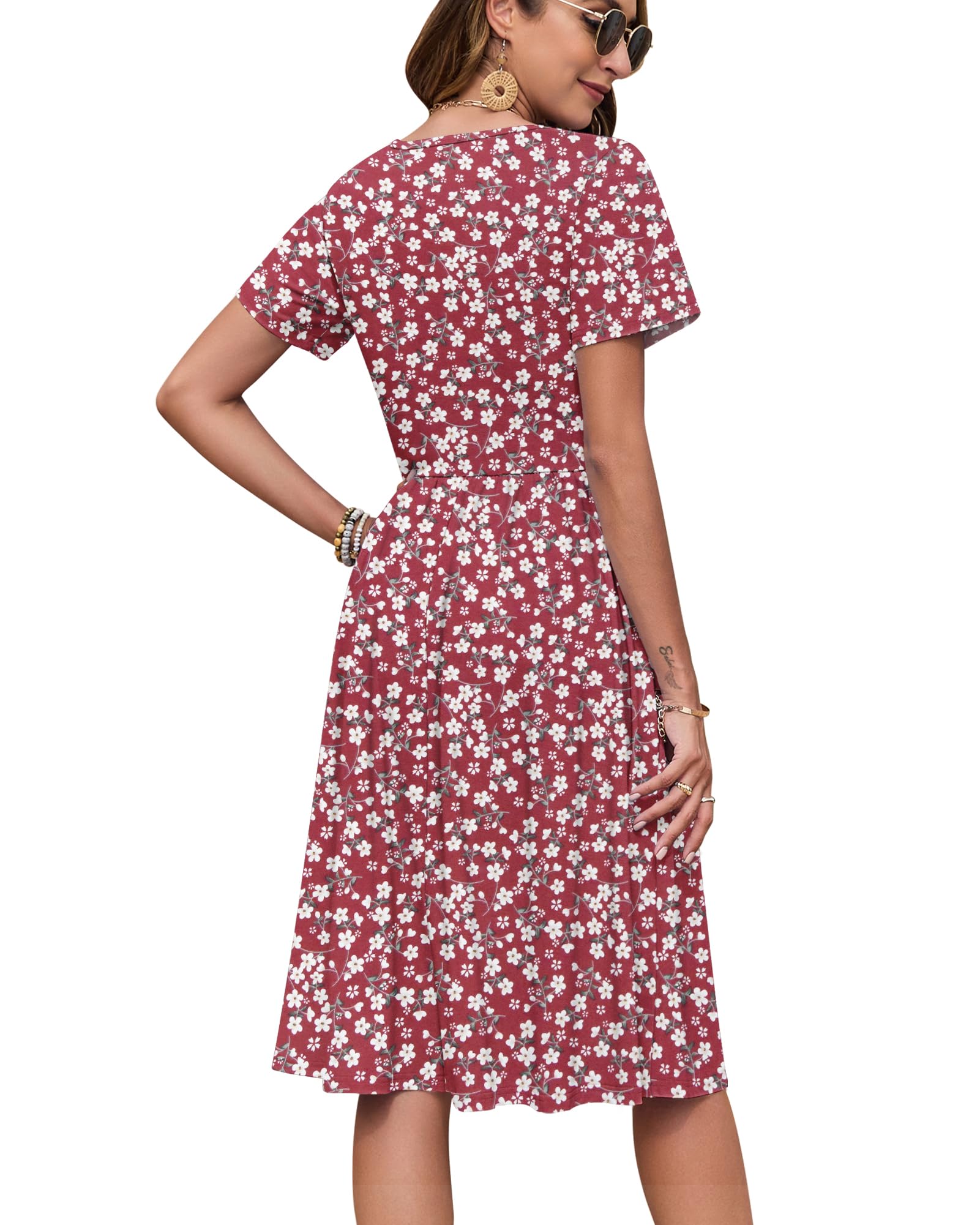 AUSELILY Vestito Estivo a Maniche Corte da Donna Abito Casual Scollo a V al Ginocchiocon Bottoni con Tasche