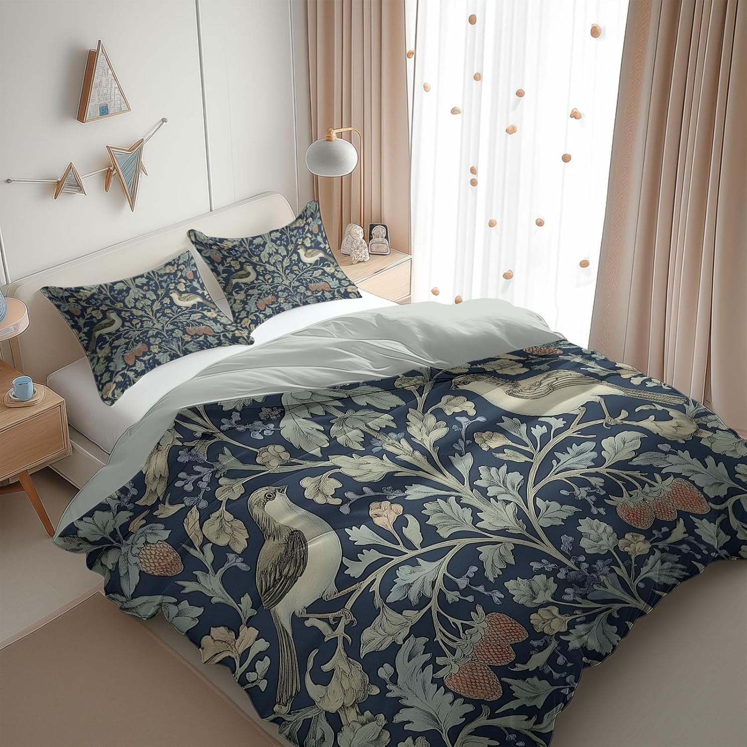 Housse de Couette Imprimée Fleurs et Oiseaux De William Morris 200x200 cm, Parure de Lit Plants De Fraisiers pour Ado Adulte, Ensemble de Literie en Microfibre Douce avec 2 Taies d’Oreiller d-1049