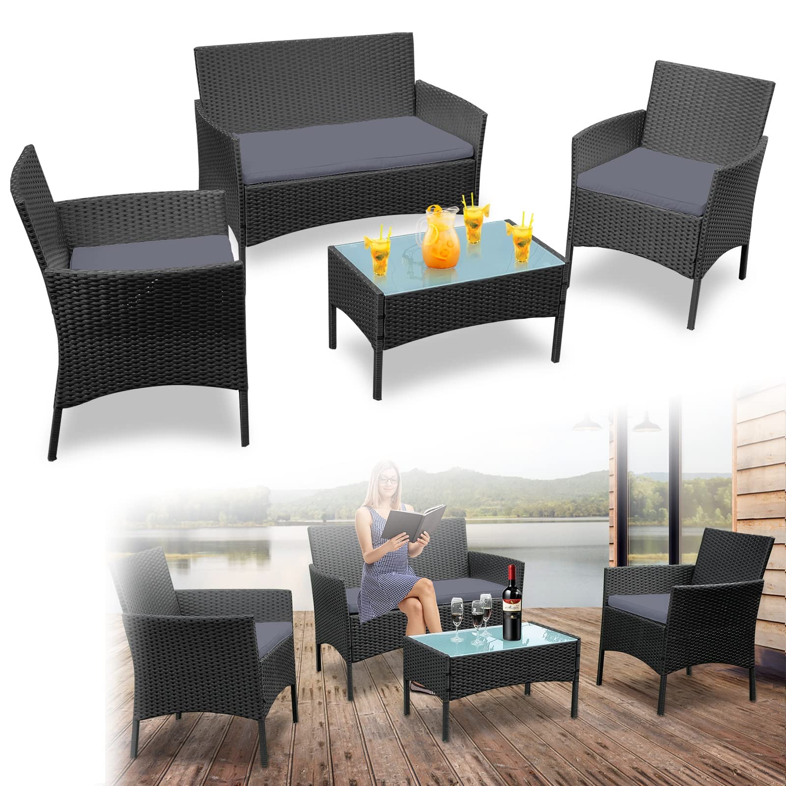 LZQ Gartenmöbel Balkonmöbel-Set Rattan Lounge Polyrattan Tisch MitSofa und 2 Stühlen für Terrasse,Balkon,Garten,Anthrazit