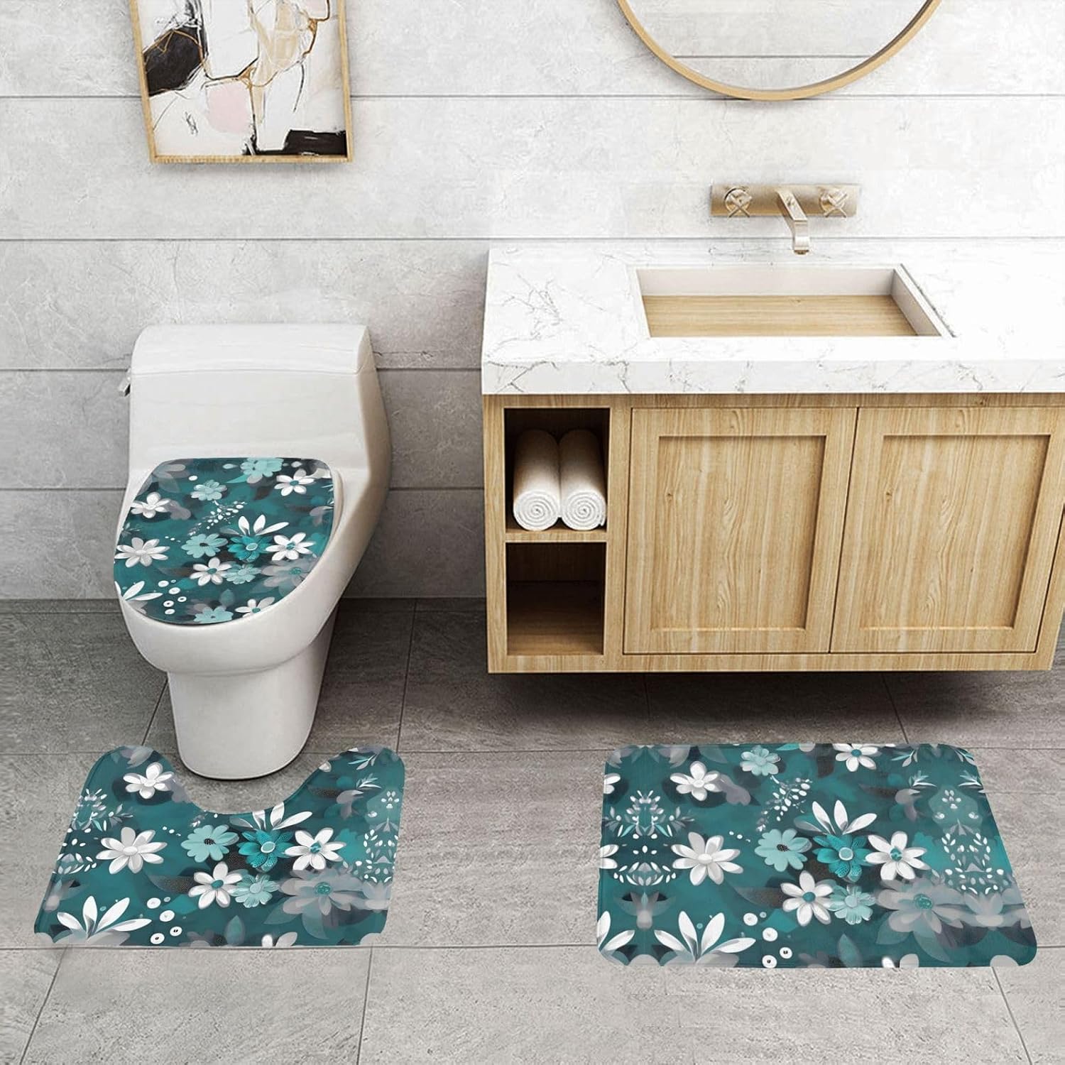 Teal Grey and White Floral