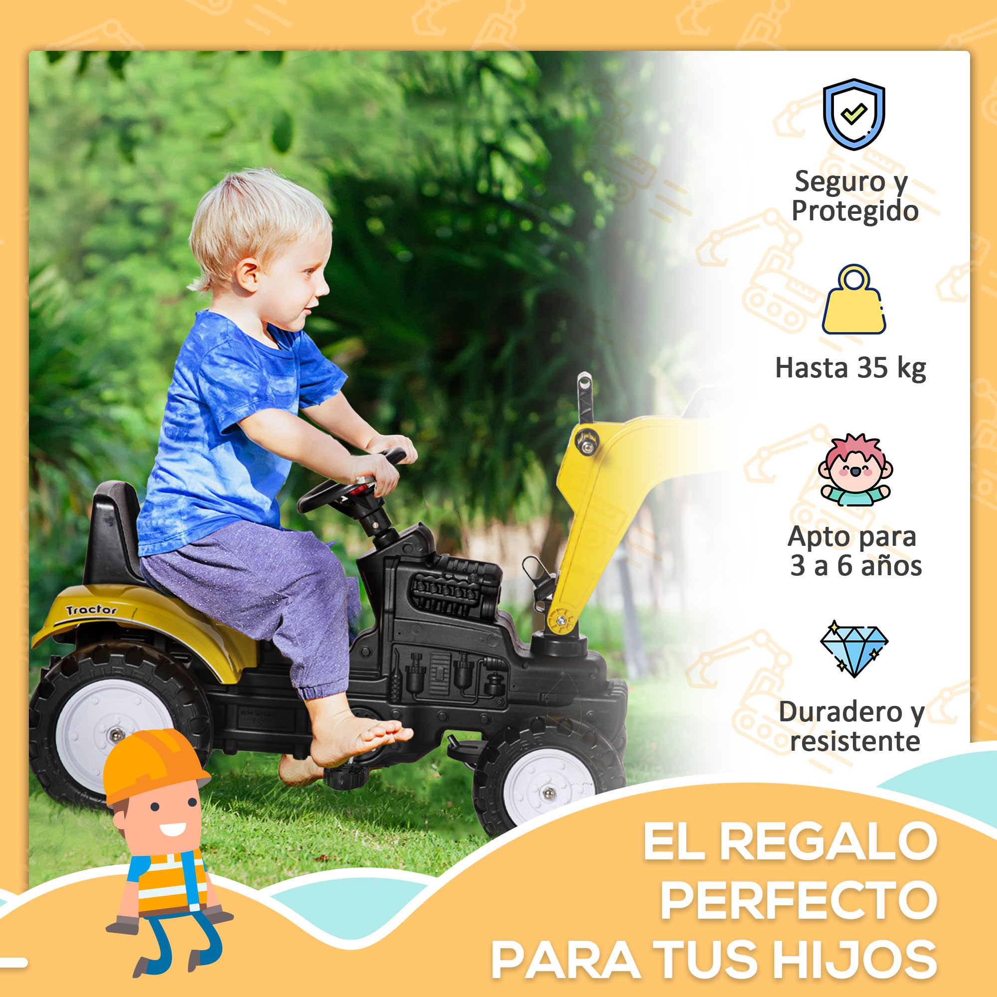 HOMCOM Tractor a Pedales para Niños de +3 Años Excavadora para Niños con Claxon y Pala Delantera Tractor Infantil para Exterior Carga 35kg 107x42x71 cm Amarillo