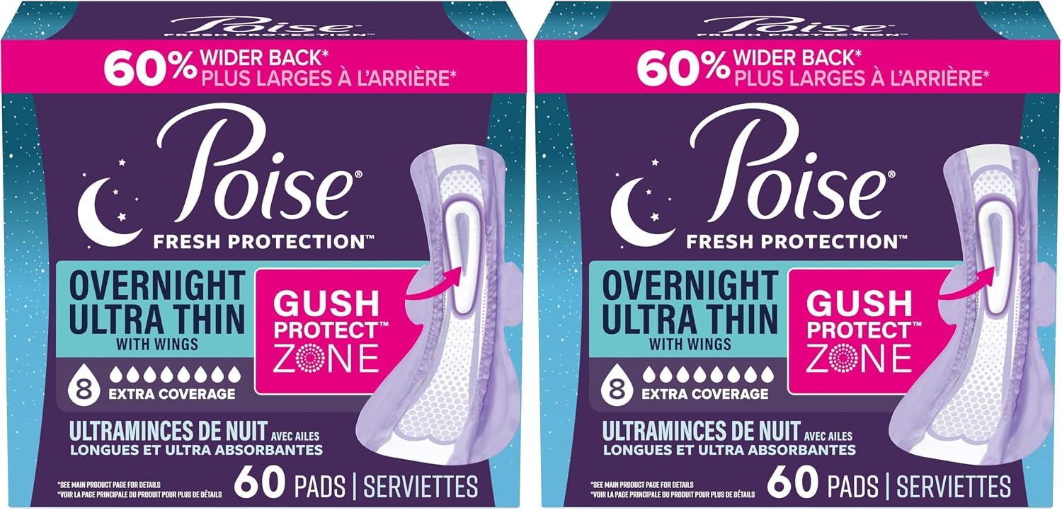 Poise Overnight Ultra Thin Incontinence & Postpartum Pads with Wings for Bladder Leaks, 8 Drop Extra Absorbent, Long Length,60 Count (Pack of 2)