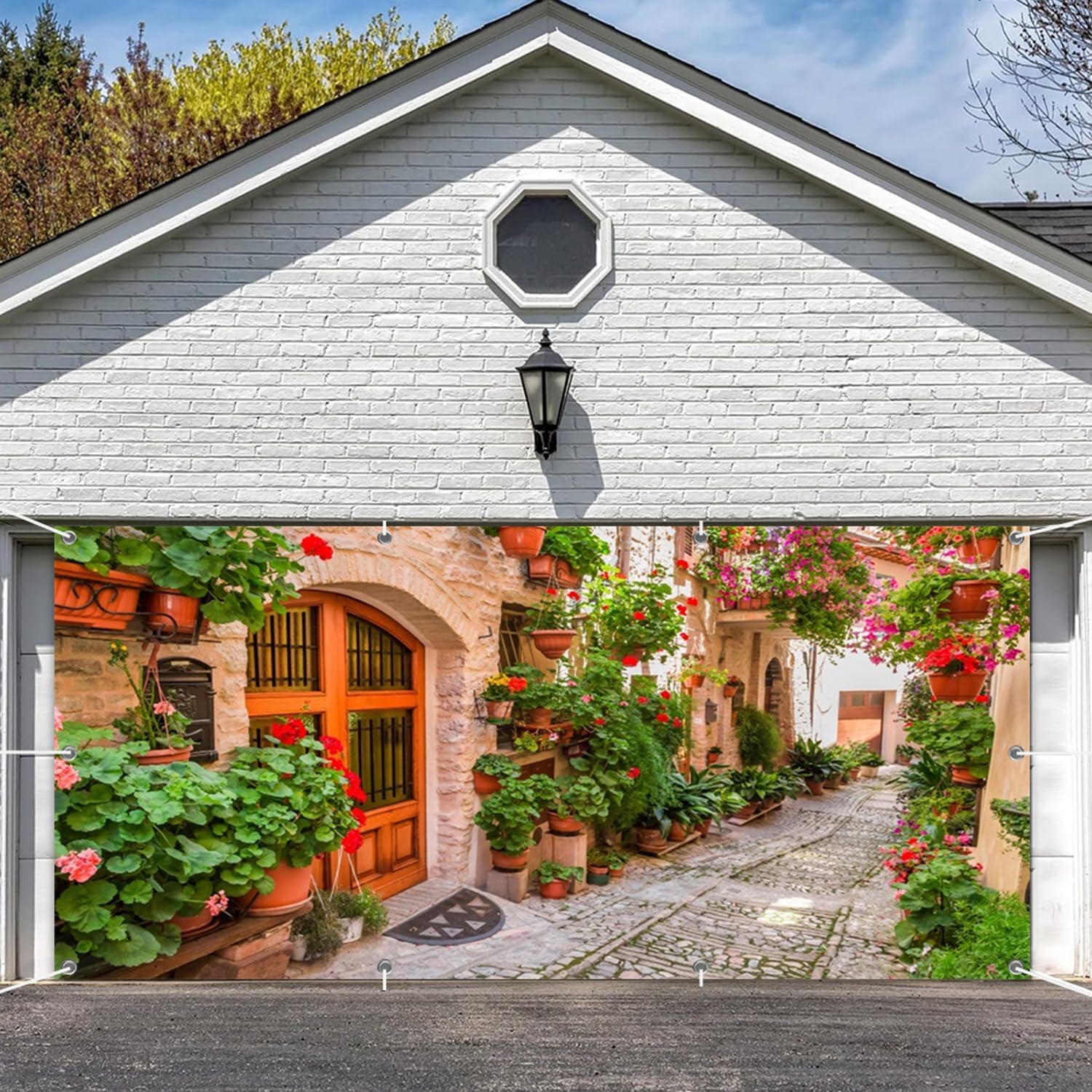 Leowefowa Italy Old Street Backdrop Banner Polyester 16x7ft Tuscany Flowers Street Italian Photo Backdrop Background Italian Themed Birthday Party Travel Decorations Banner Garage Door Cover