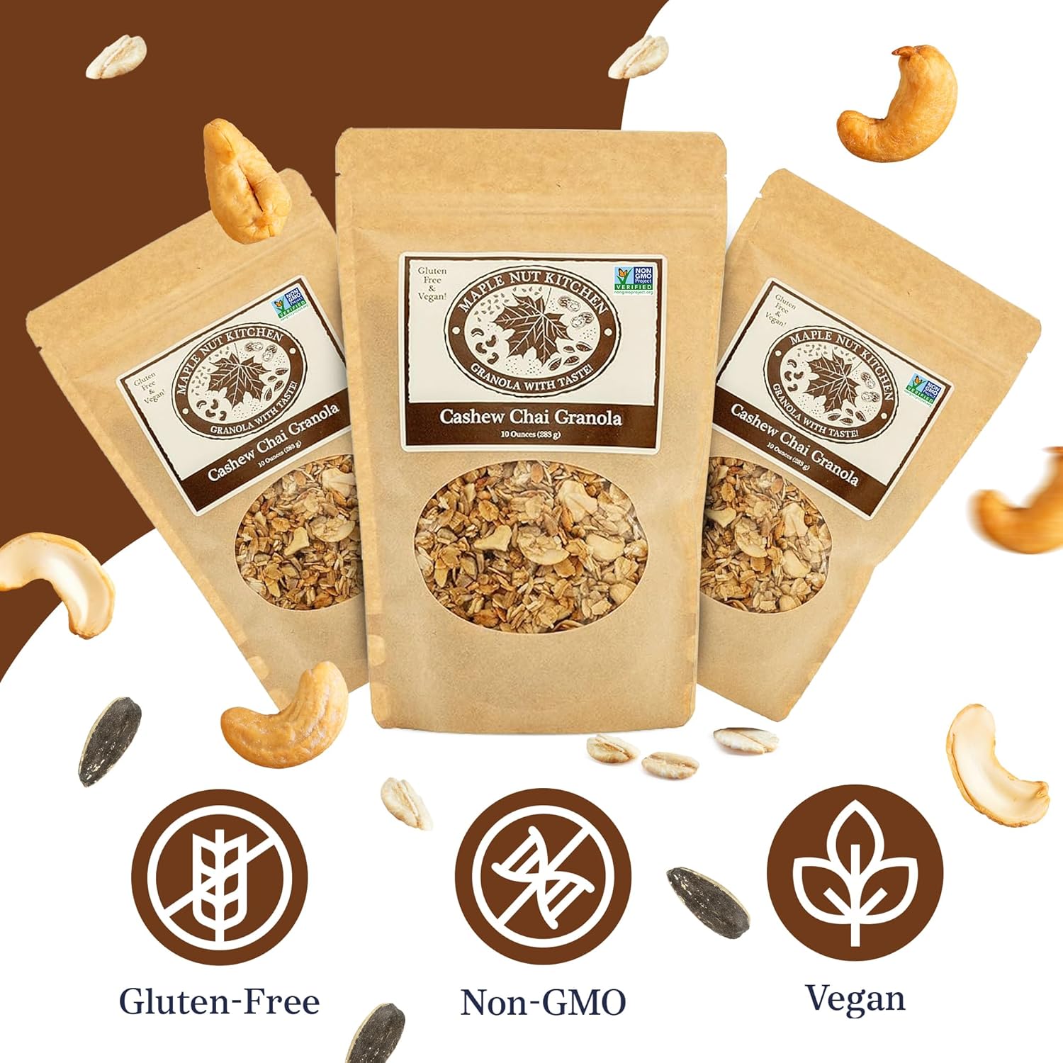 Maple Nut Kitchen Gluten Free Chai Granola with Cashews 3 Pack – Certified Gluten Free Oats, Shredded Coconut, Sunflower Seeds, Maple Syrup – Healthy Low Sugar Breakfast Cereal, Crunchy Natural Granola