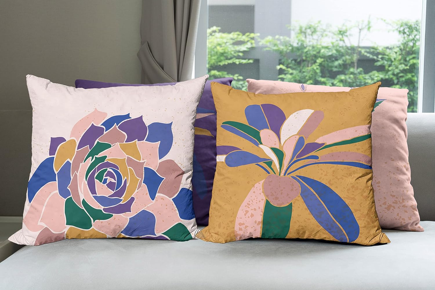 Ambesonne Floral Throw Pillow Cushion Case Pack of 4, Exotic Composition with Blooming Jungle Flower Petals Abstract Colors, Modern Accent Double-Sided Digital Printing, 18", Violet Blush Dark Yellow