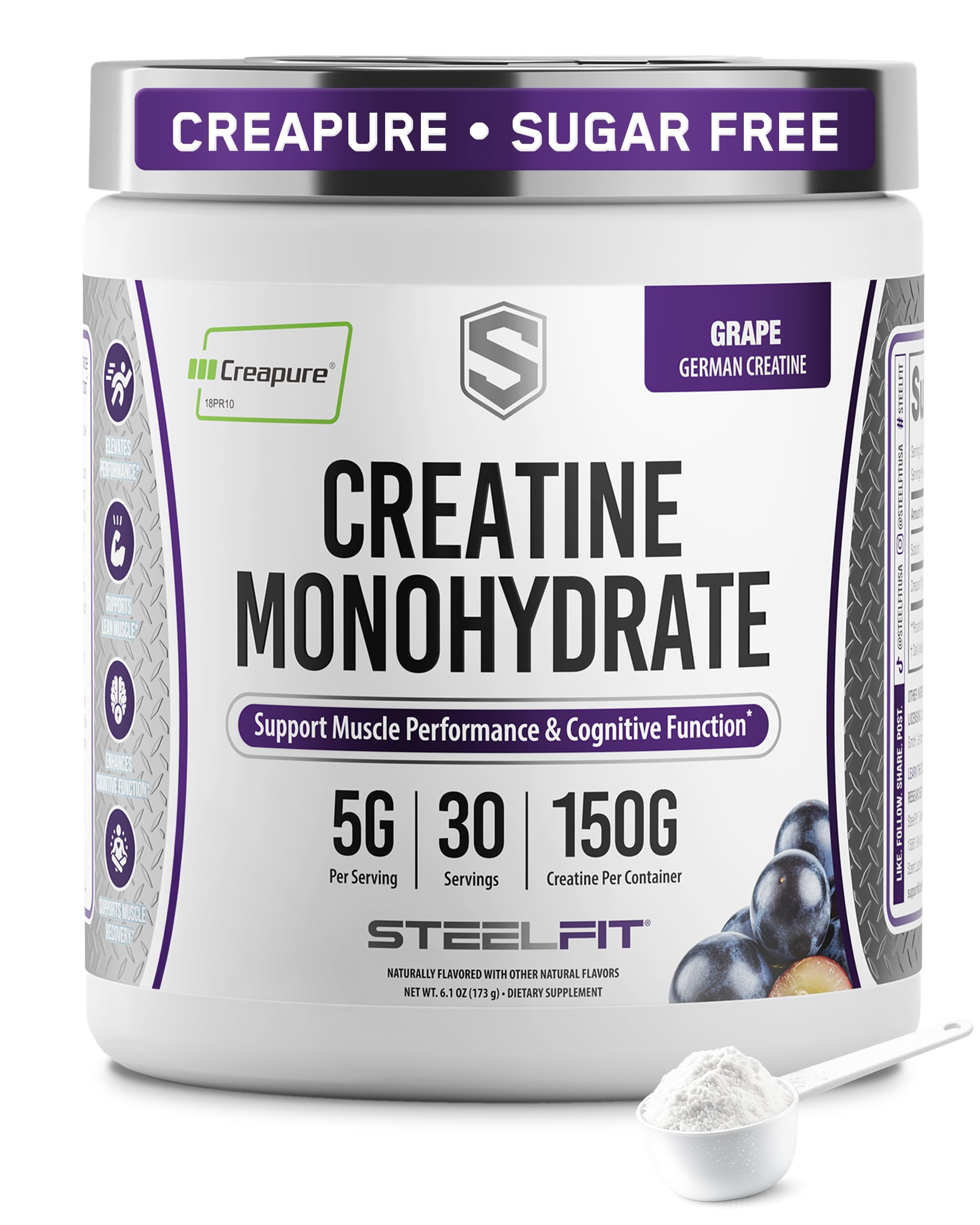 SteelFit Creapure Pure Creatine Monohydrate Powder, Grape, 30 Servings Grape - 30 Servings