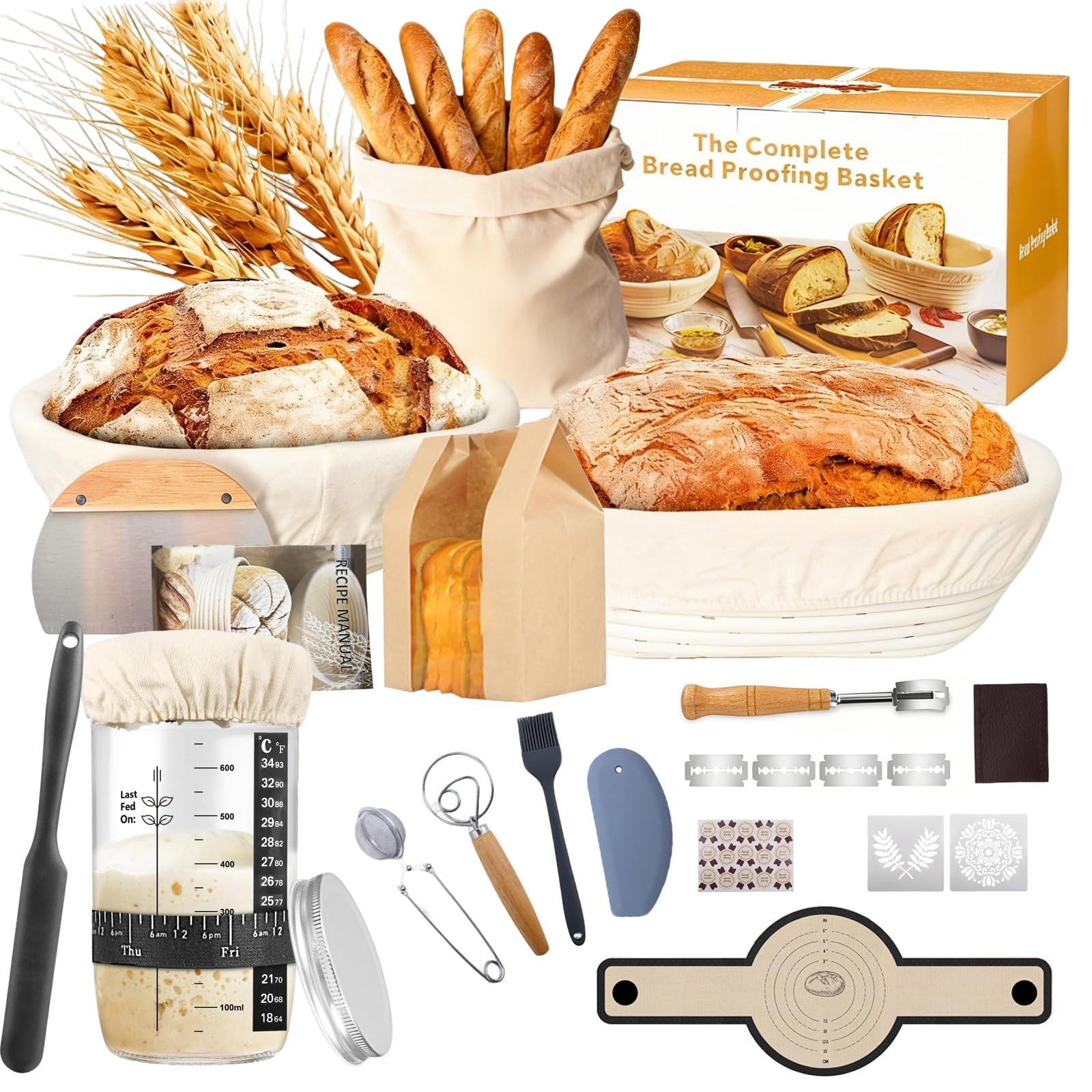 Cestino da Lievitazione per Pane, Set Lievitazione Pane 25cm Ovale & 23cm Rotondo, Kit Completo di Lievito Madre con Barattolo per Levito Madre, Accessori per la cottura del pane per Principianti