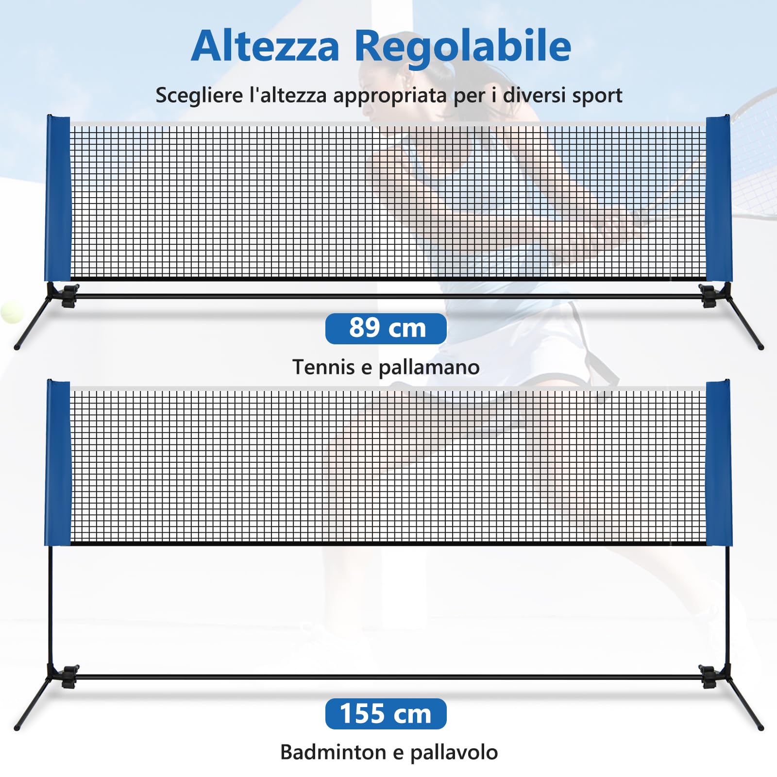 GYMAX Rete da Badminton Portatile, Rete da Tennis Regolabile in Altezza con Pali, Set da Pickleball con Borsa e 2 Volani, Rete Sportiva Facile da Montare, Set da Volley per Interni ed Esterni