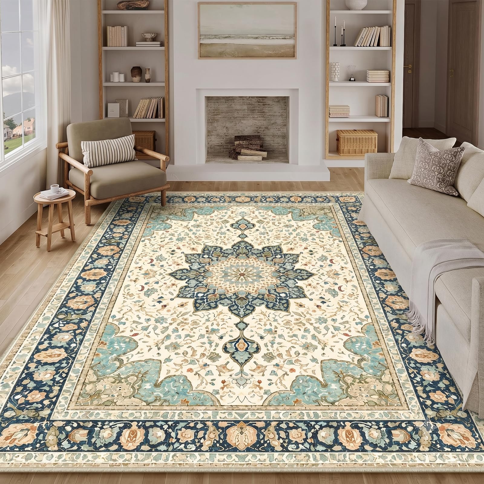 Tapis vintage lavable, pour salon, vert sauge, à poils bas, antidérapant, tapis doux avec motif vieilli pour chambre à coucher, salle à manger et salon - 140 x 200 cm