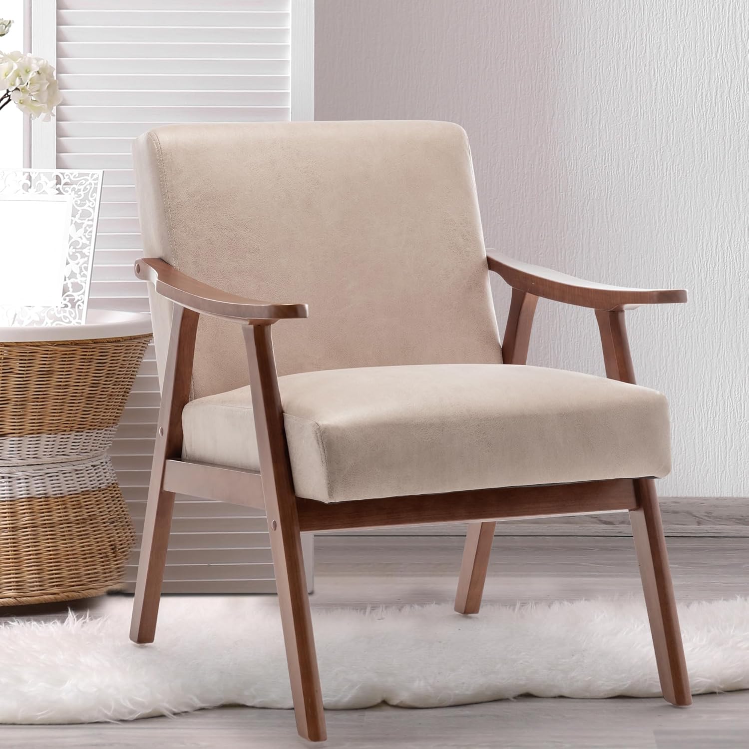 KEIKI Mid-Century Modern Accent Chair with Solid Wood Frame, Velvet Upholstered Chair with Supportive Foam Cushion for Relaxing & Reading