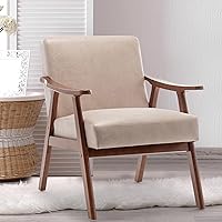 Vista 1 de Furnimart Silla decorativa beige, silla moderna de mitad de siglo para sala de estar con estructura de madera, silla de alas cómoda para oficina