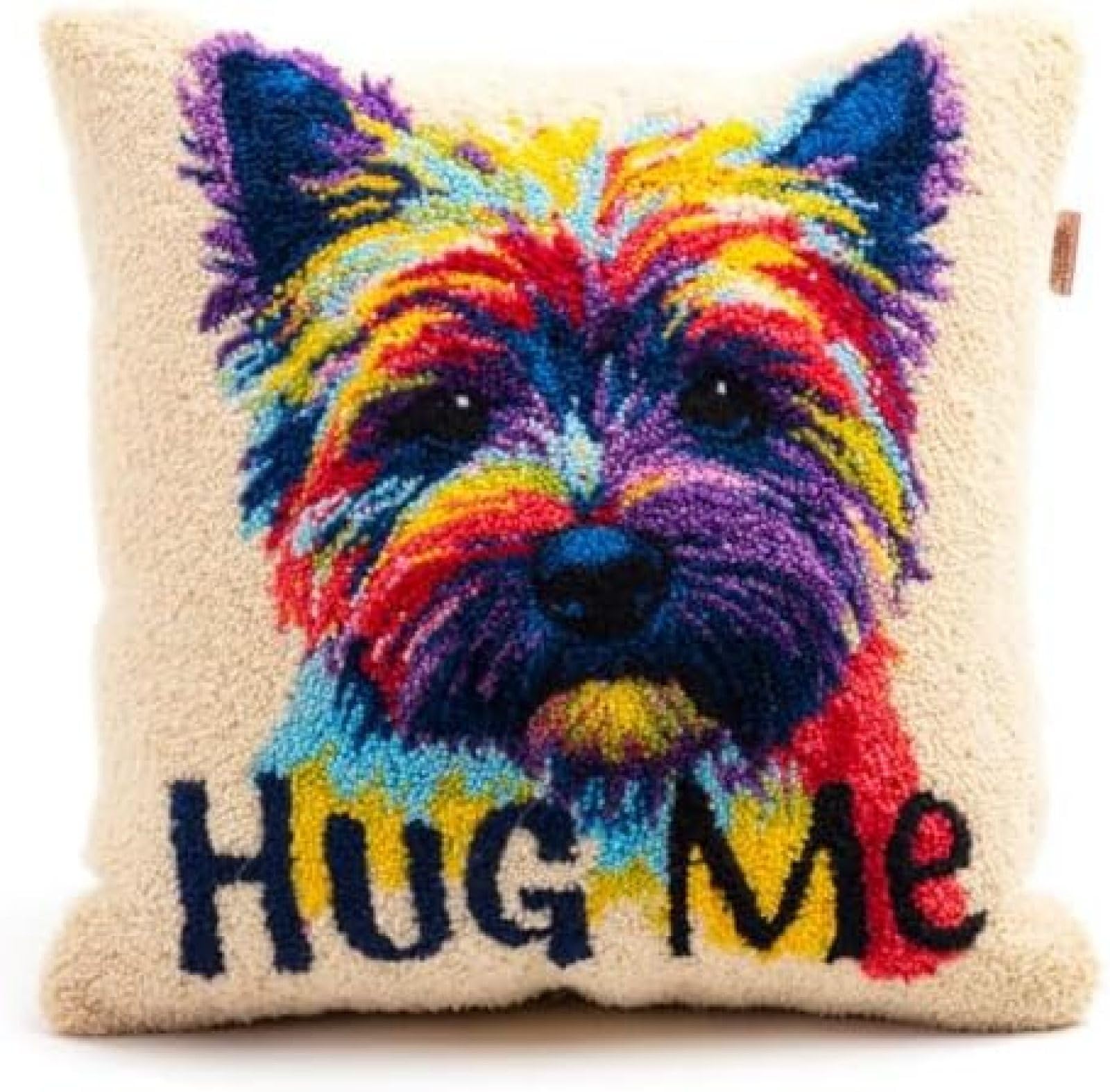 kitphoenix Adults DIY Cushion Cover Making Kit,Cairn Terrier Dog and Text Hug Me,Latch Hook Craft Set with Pre-Printed Canvas,Yarn and Hook,43x43 cm Decorative Cushion Cover