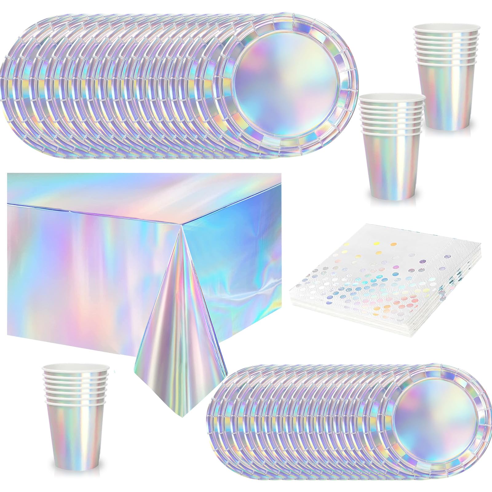 65Pcs Shimmer Metallic Foil Rainbow Party Tableware Set,Plastic Holographic Iridescent Table Cloth Parties,Disposable Paper Plates,Napkins and Cups Dinnerware Set for Birthday,Rainbow Party Decoration — image 1