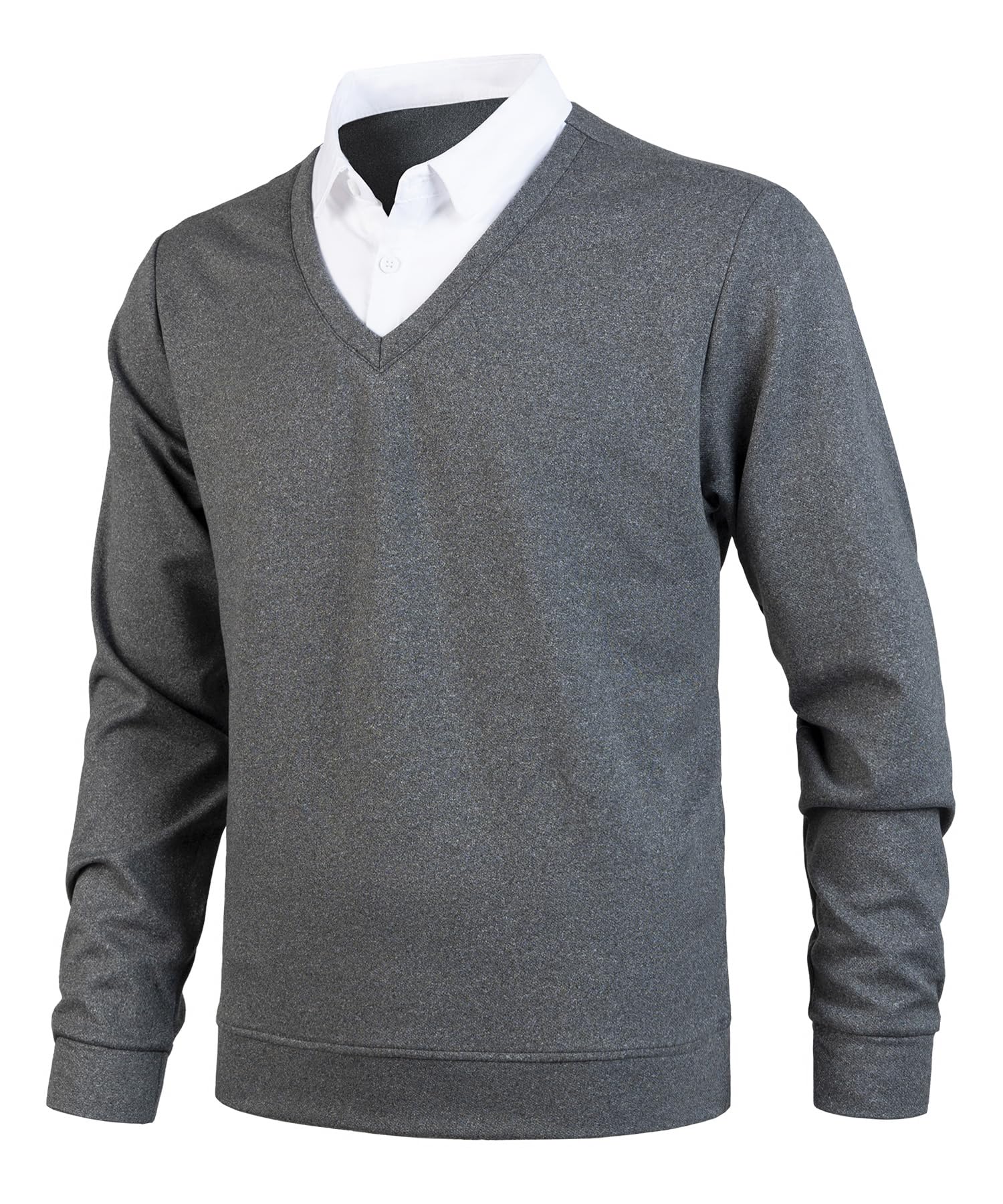 Uomo Maglione e Camicia 2 in 1 Scollo a V Maglia a Maniche Lunghe Pullover Lavorato a Maglia con Il Colletto di Camicia Maglioncino da Uomo