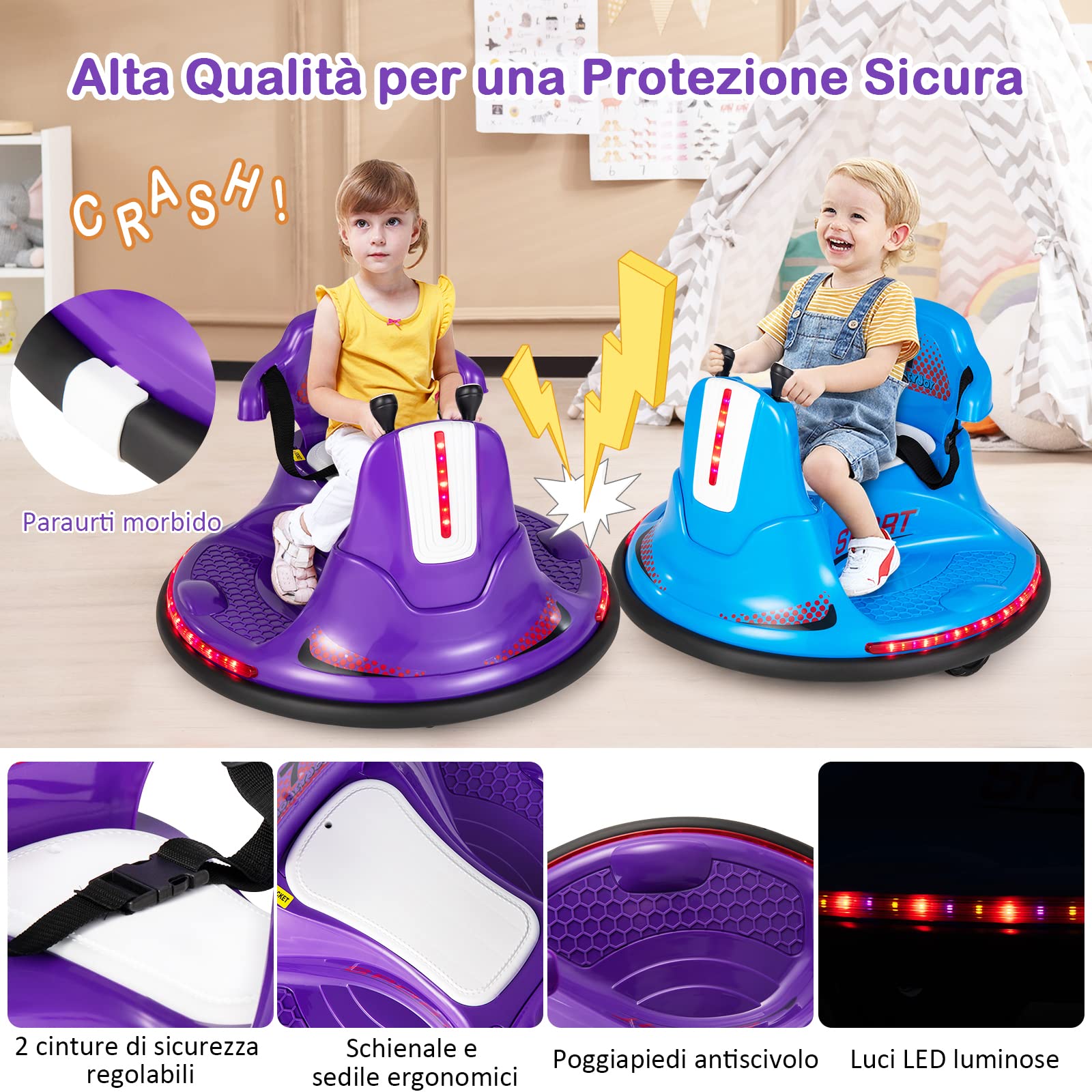 COSTWAY 6V Autoscontro Elettrico per Bambini, Veicolo Elettrico con Telecomando, Girevole a 360°, Luci LED Colorate e Cintura di Sicurezza Regolabile, 37-95 Mesi (Viola)