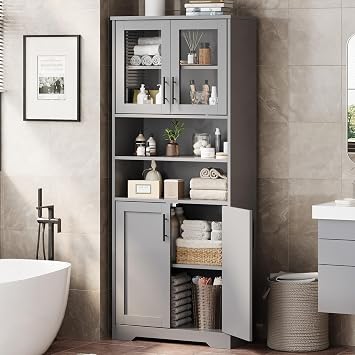 GarveeHome 67 in Tall Storage Cabinet, Tall Bathroom Cabinet with Glass Doors and Adjustable Shelves, Freestanding Kitchen Pantry Cabinets, Cupboard for Living Room, Dining Room, Gray