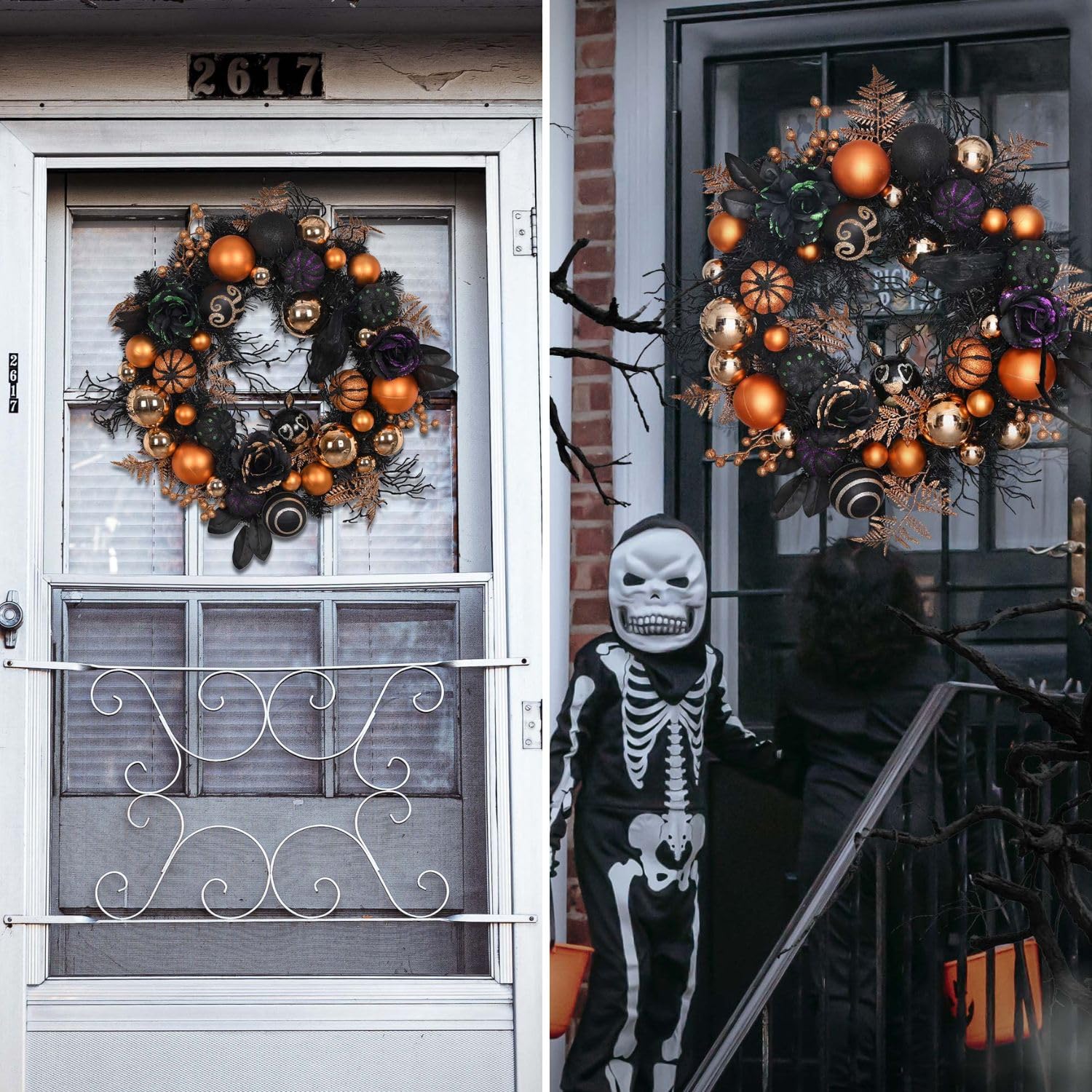 Valery Madelyn Corona de Halloween para puerta delantera con luces, corona de calabaza preiluminada de 24 pulgadas, decoración de Halloween para el hogar, porche, mesa, centro de mesa, ventana