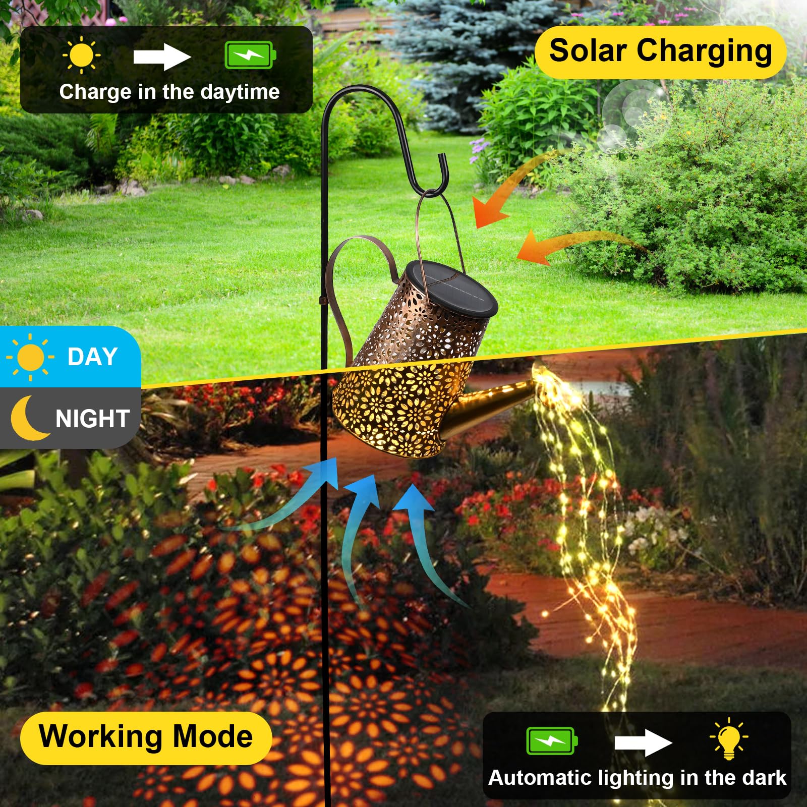 GuKKK Gieter op zonne-energie met lichtketting, tuindecoratie, led-buitenlampen op zonne-energie, IP65 waterdicht, gieter licht met herdershaak, douche-tuinverlichting, voor tuin, tuinpad, balkon