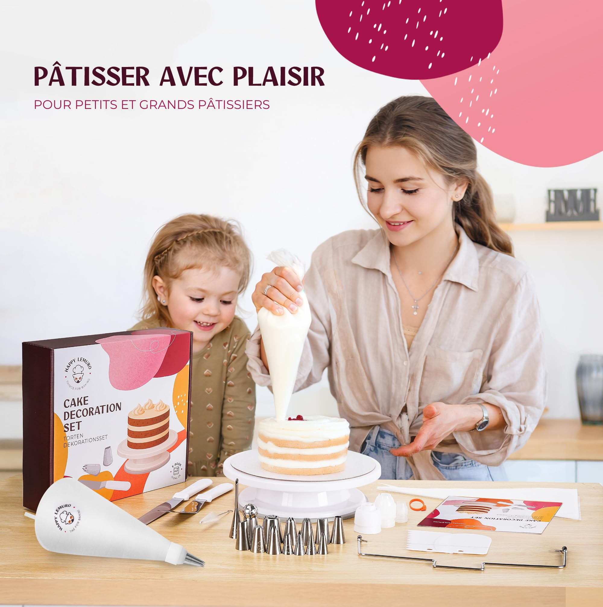 Kit pâtisserie Complet avec Plateau tournant, Coupe-gâteau, Poches à Douille et Douilles INOX - Accessoires décoration gâteau pour débutants et confirmés
