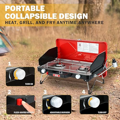 Miniatura 4 de FEASTO Estufa de propano con dos quemadores ajustables de alta potencia a prueba de viento y dos patas plegables, conveniente para acampar al aire