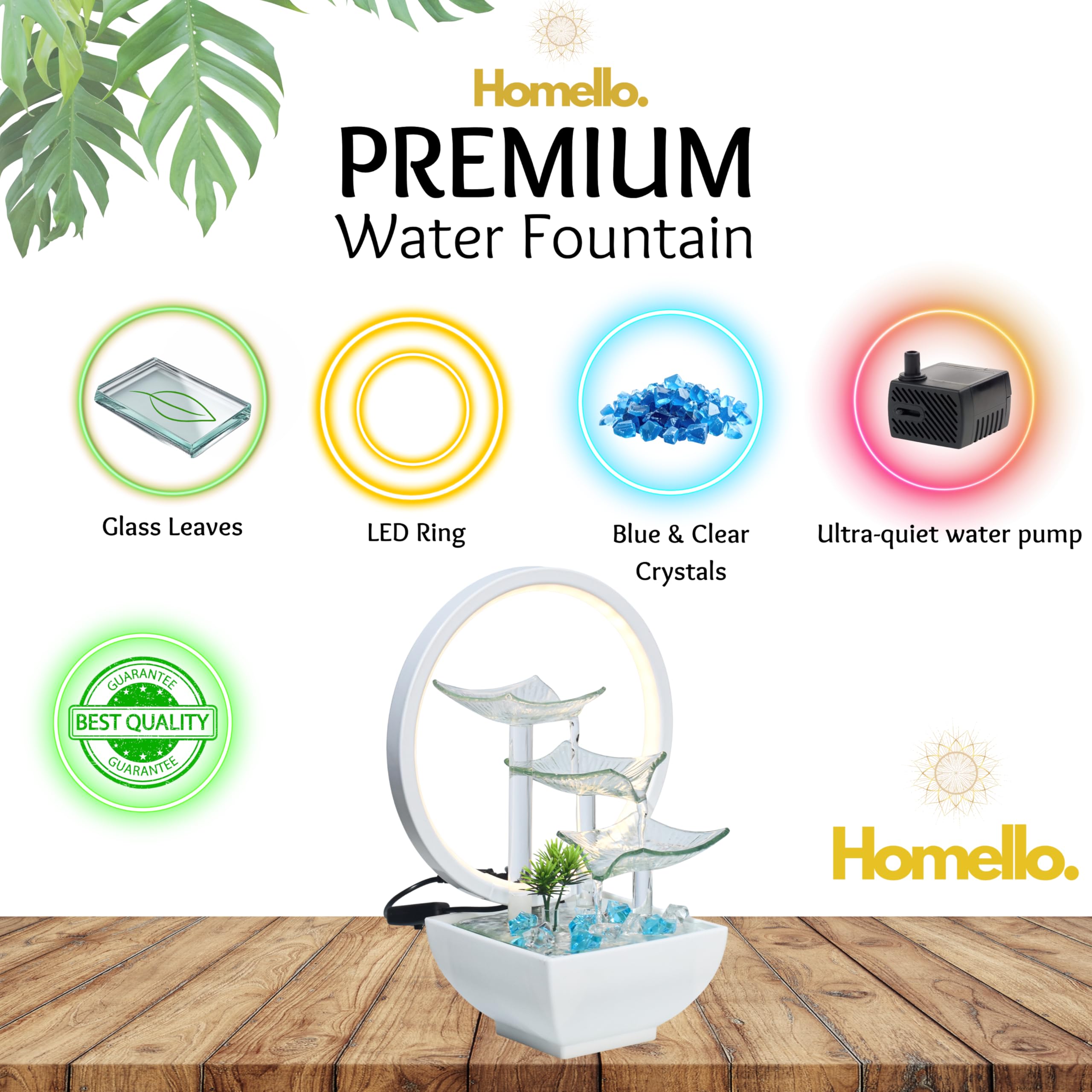 Homello Water Fountain for Home Decor 29cm Glass Indoor Waterfall with LED Light & Blue Stones – Electric Tabletop Showpiece for Living Room, Office Desk & Bedroom – Lucky Feng Shui Gift (Frost White) 2