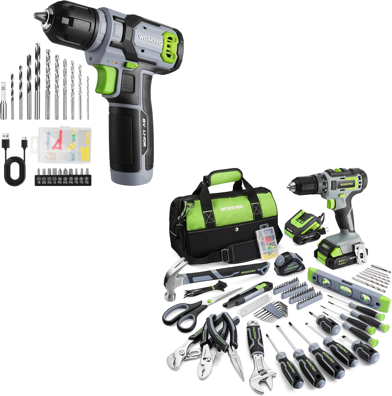 WORKPRO 157PCS Home Tool Set with 20V Power Drill & WORKPRO 8V Cordless Drill Driver Set with 53pcs Bit Set - Green