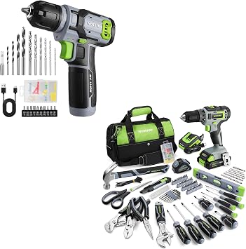WORKPRO 157PCS Home Tool Set with 20V Power Drill & WORKPRO 8V Cordless Drill Driver Set with 53pcs Bit Set - Green
