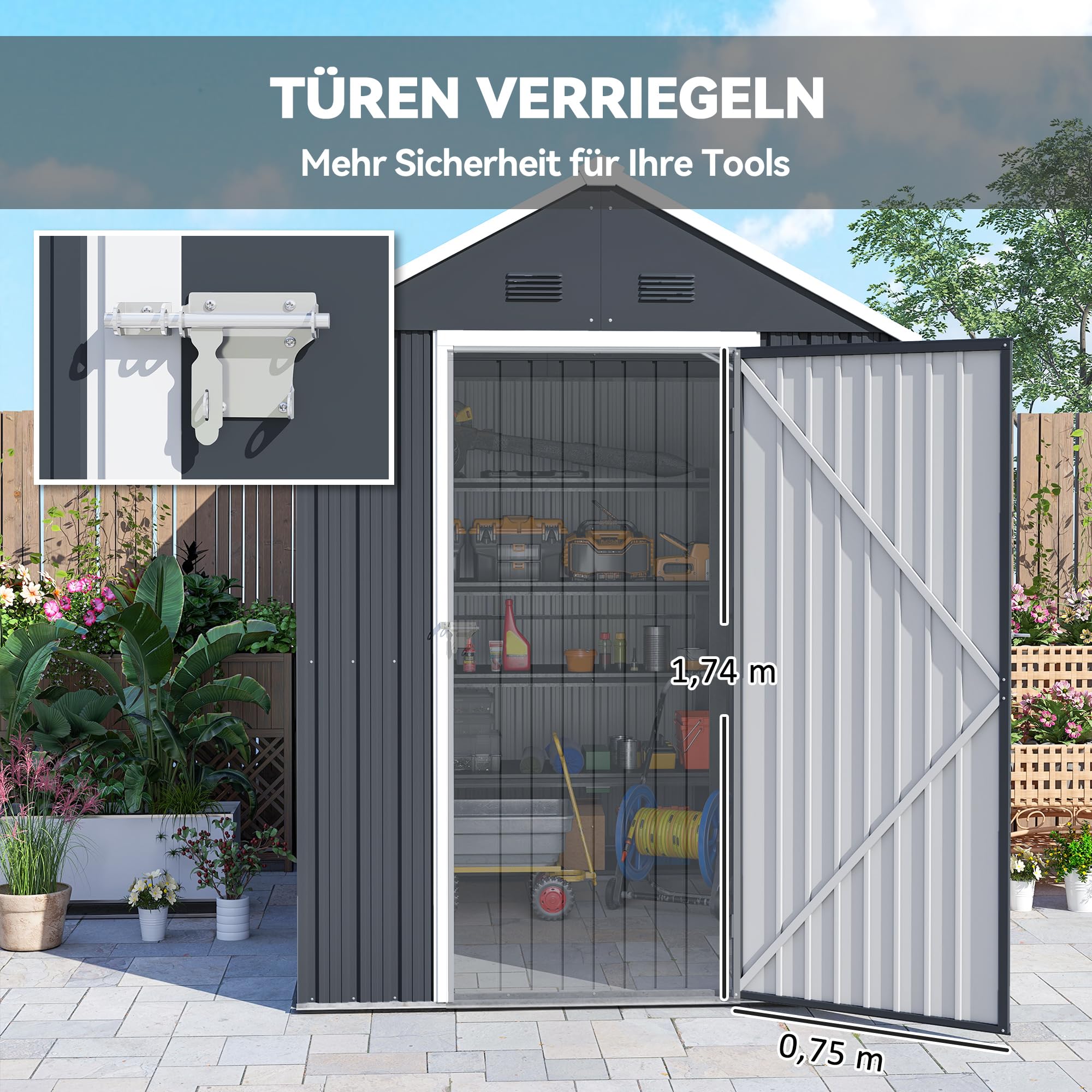 Outsunny Geräteschuppen 4㎡ mit Fenster 259 x 172 x 222 cm in Dunkelgrau | Stahl Gartenhaus, Abschließbares Gerätehaus, Gartenschrank, für Terrasse, Balkon