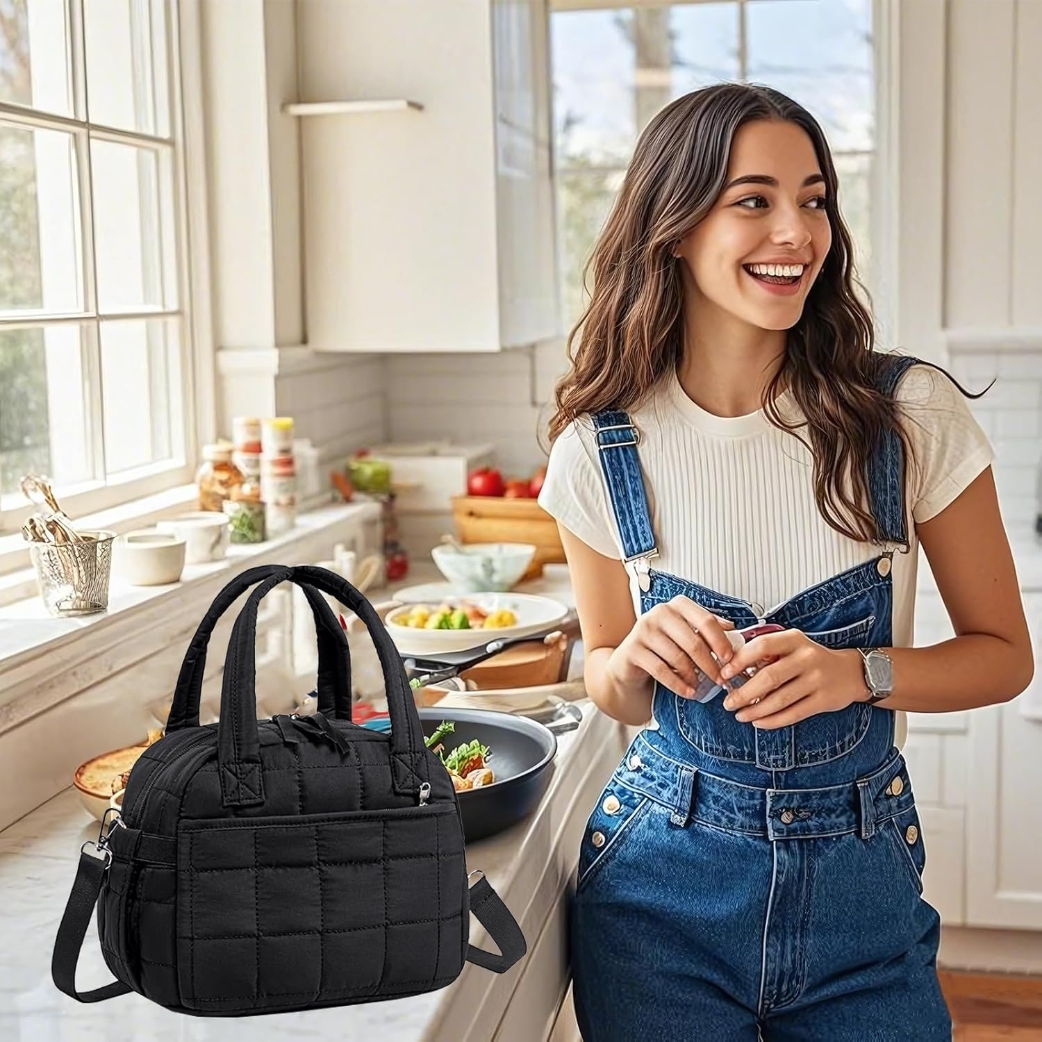 LEDAOU Insulated Lunch Box for Women Black Adult Girls Lunch Bag Quilted Puffer Lunchbox with Adjustable Strap Reusable Lunch Bags for Work School Picnic Travel - Image 4