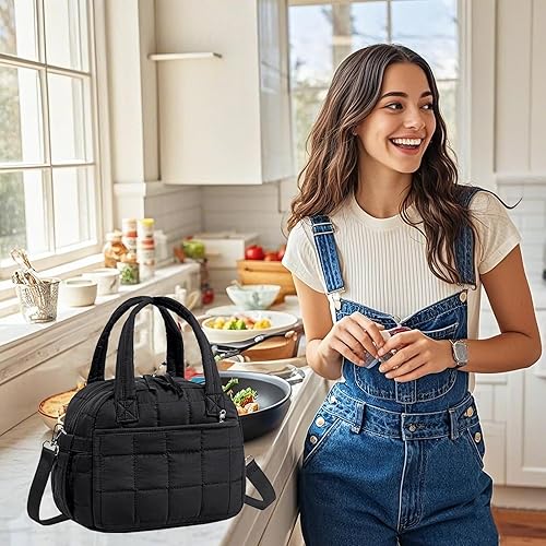 Miniatura 4 de LEDAOU Lonchera para mujer, lonchera acolchada con correa ajustable, aislada, reutilizable, para el trabajo, escuela, picnic, viajes (negro)