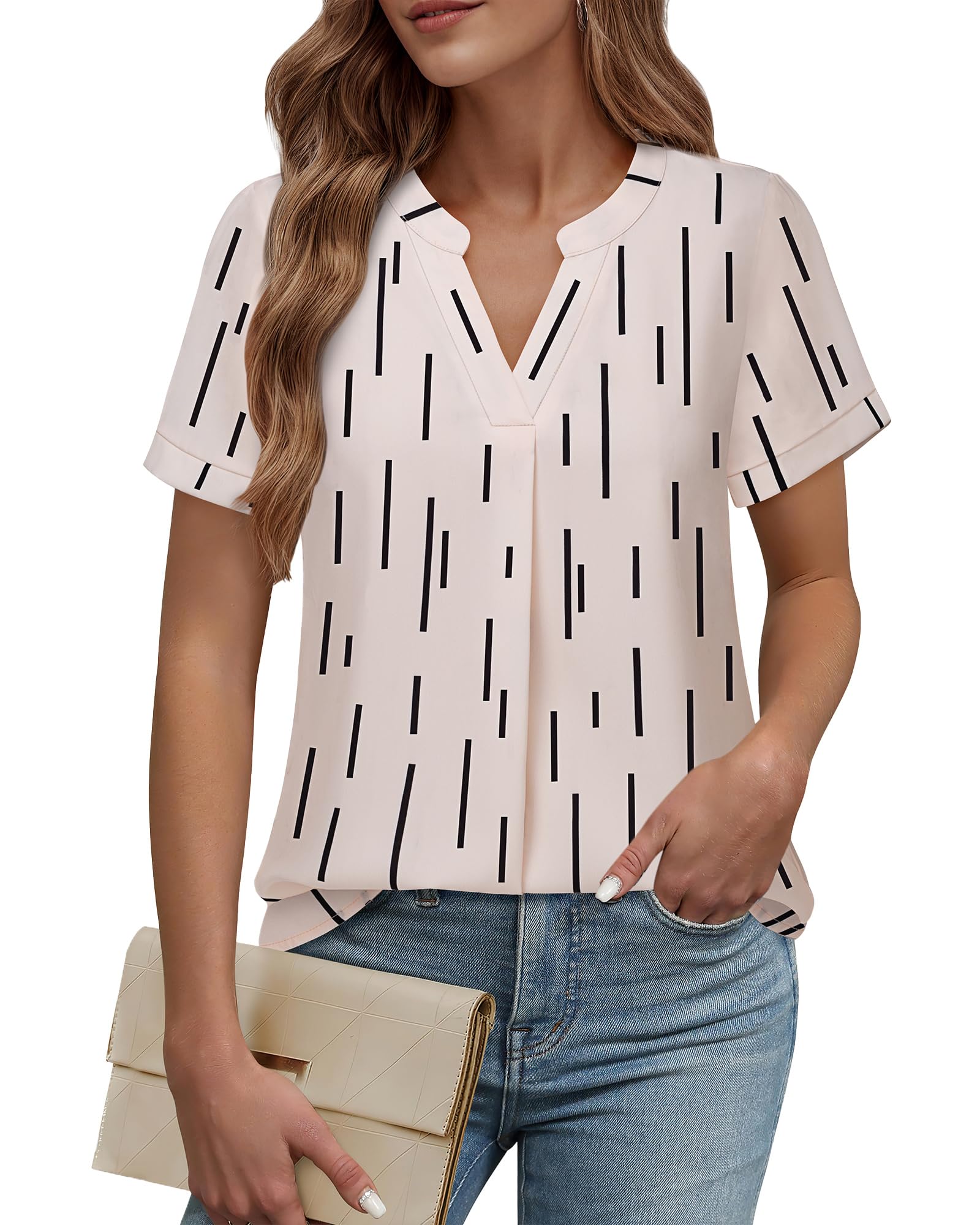 Timeson Womens V Neck Short Sleeve Curved Hem Sheer Chiffon Blouse Shirts Tops