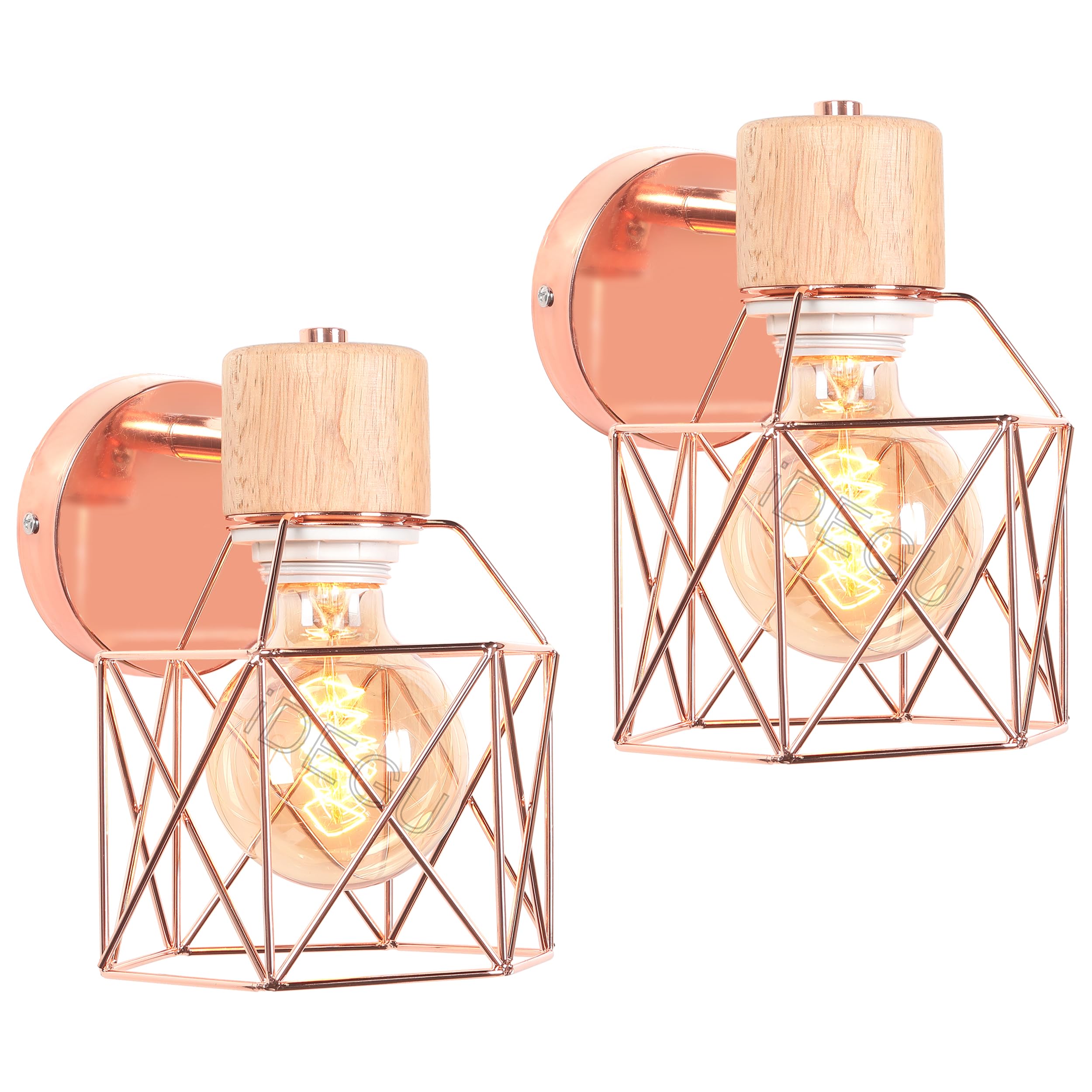 iDEGU Set of 2 Industrial Wall Lights Metal Cage Design Wood Wall Lamp Adjustable Vintage Indoor Wall Sconce E27 Ceiling Light for Bedroom, Hallway, Living Room (15cm, Type A, Rose Gold)