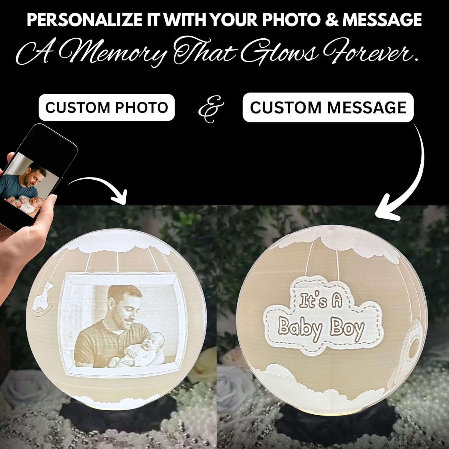 It’s a Boy Moon Lamp – Personalized Baby Boy Night Light with Custom Text & Photo | Newborn Gift, Nursery Decor, Baby Shower, Gift for for New Moms & Dads, Custom Birth Announcement Moon Light