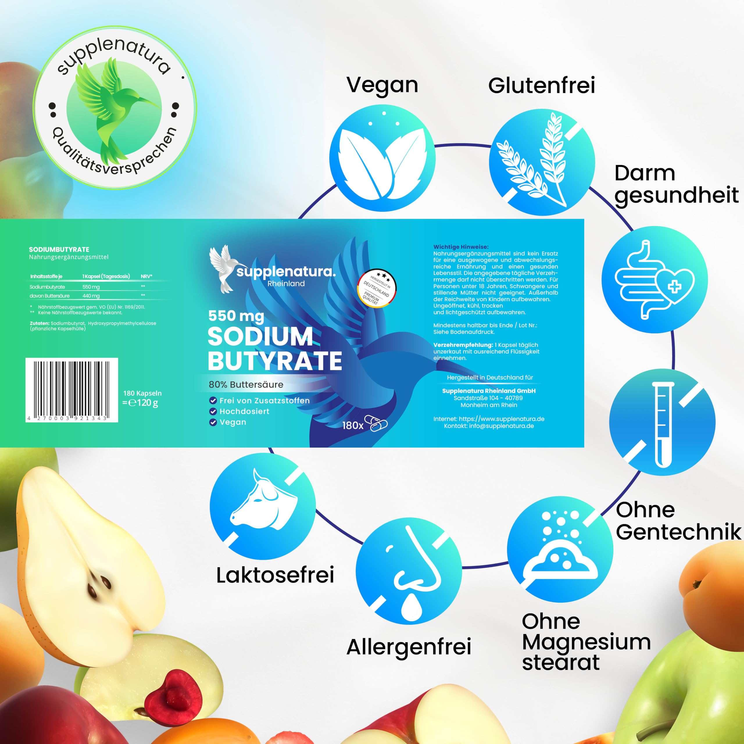 Butyrate Kapseln (180 Kapseln) PREMIUM: 550mg je Kapsel mit 80% Buttersäure | Sodium Butyrate Kapseln - Deutsche Herstellung - SUPPLENATURA®
