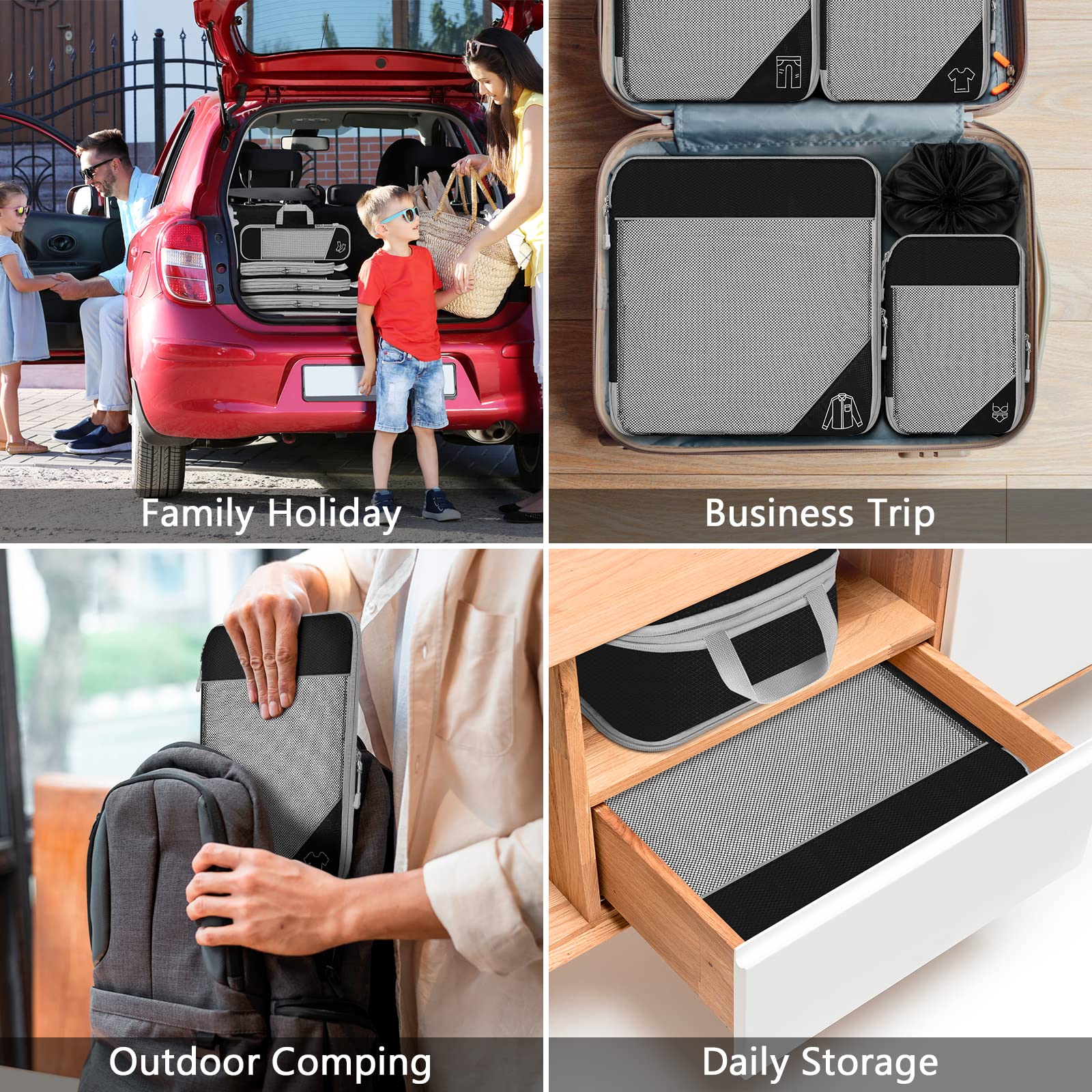 Organisateur Valise, Lot de 7 Compression Packing Cubes, Set de Organiseurs de Bagage pour Voyage,Sacs de Rangement pour Les Vêtements,Chaussures,Noir