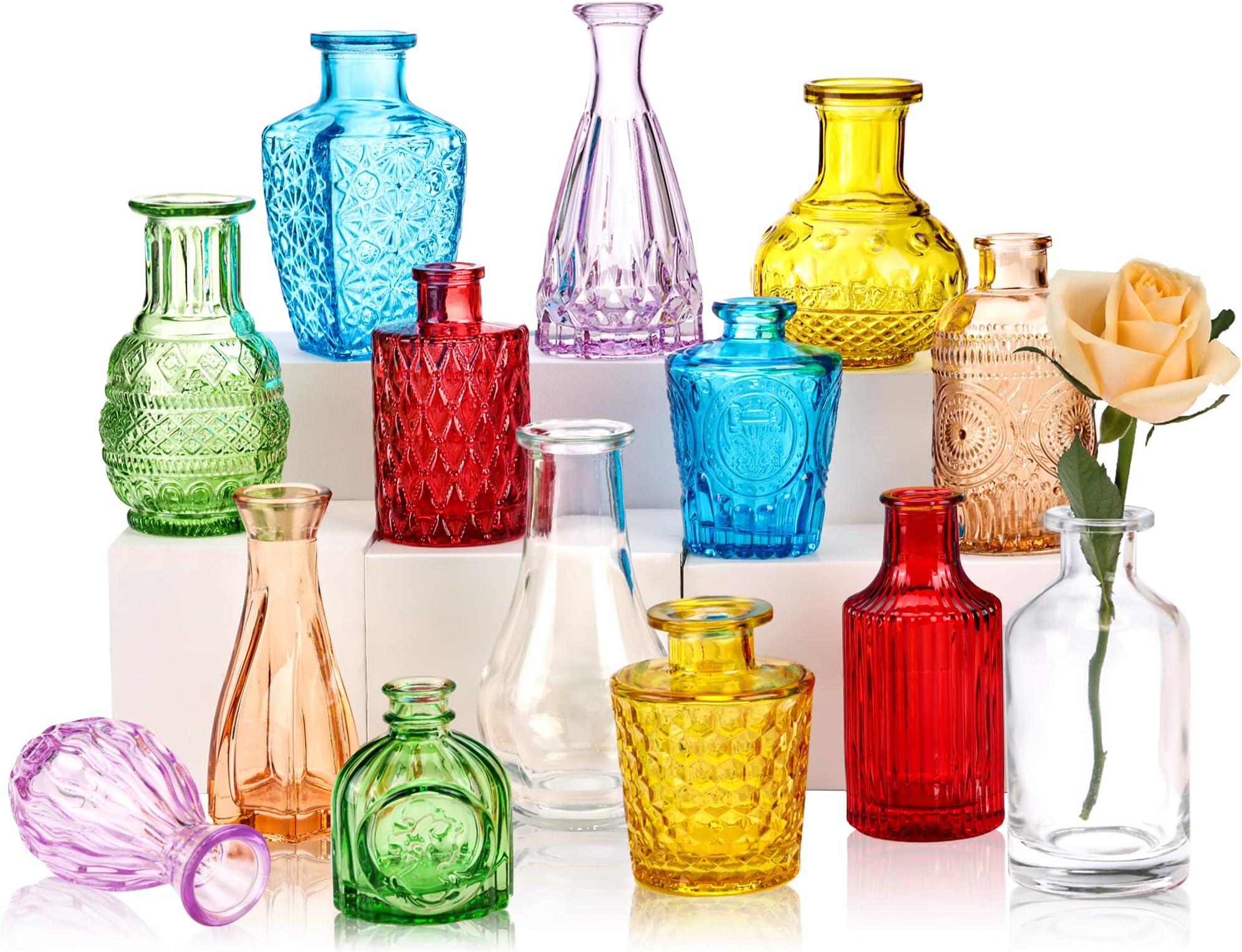 CUCUMI Set of 14 Bud Vases for Flowers, Small Vintage Glass Bottles in Bulk for Rustic Wedding Centerpieces and Home Table Decorations
