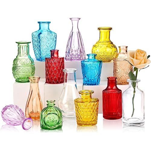 CUCUMI 14pcs Bud Vases, Colored Small Vases for Centerpieces, Cute Flower Vases in Bulk Vintage Boho Glass Vases for Wedding Table Decorations